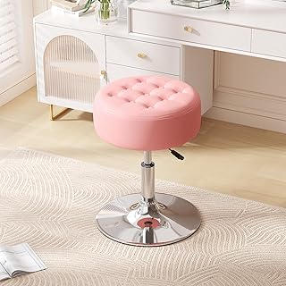 Furniliving Mid-Century Velvet Tufted Makeup Ottoman Stool, 360°Swivel Adjustable Vanity Stool Modern Big Size Vanity Chai...