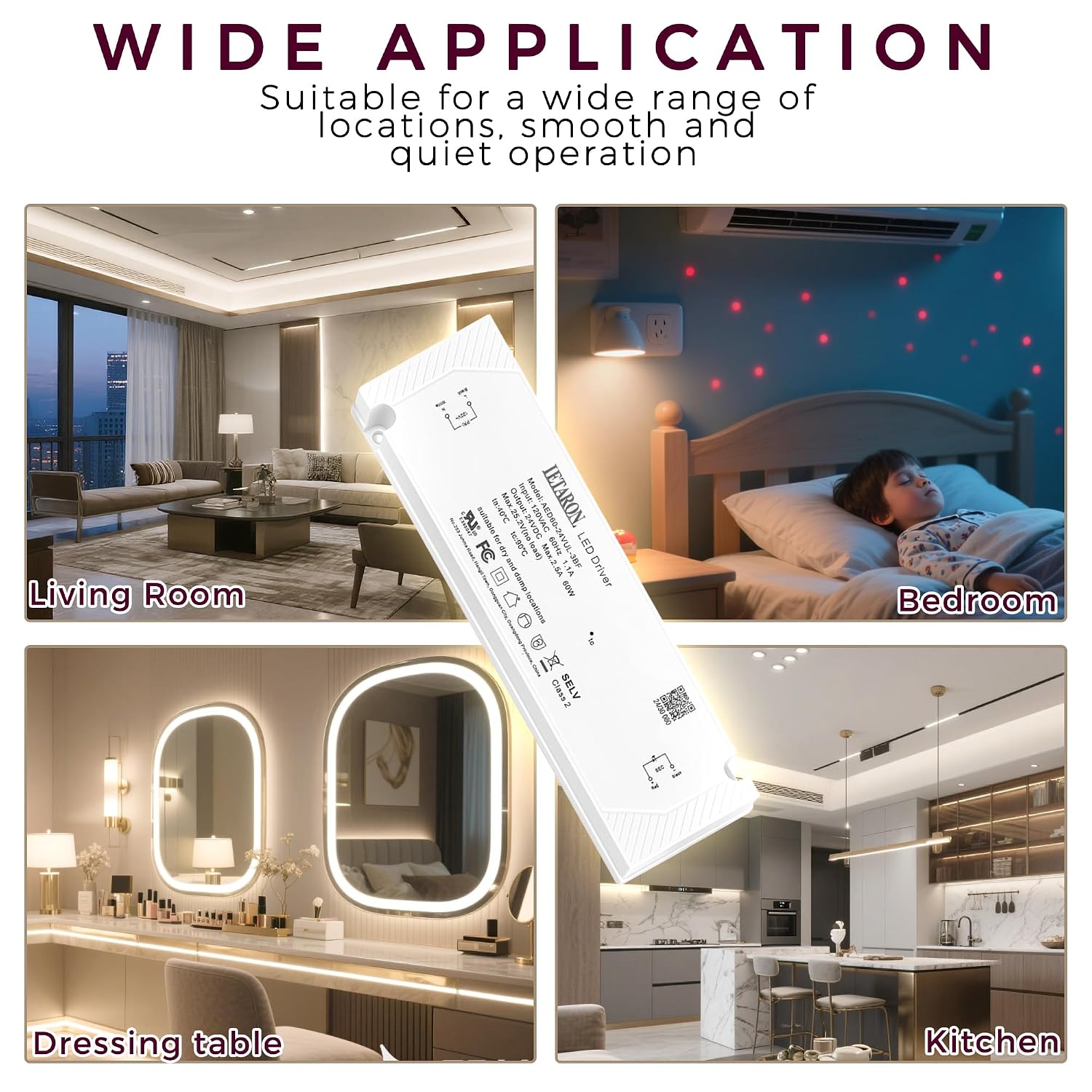 60W 24V LED Driver, AC 120V to DC 24V Transformer, 2.5A Power Supply, Used for LED Strip Lights, Ultra-Thin Constant Voltage, Cabinet Lights and Constant Voltage LED Projects, UL Certified