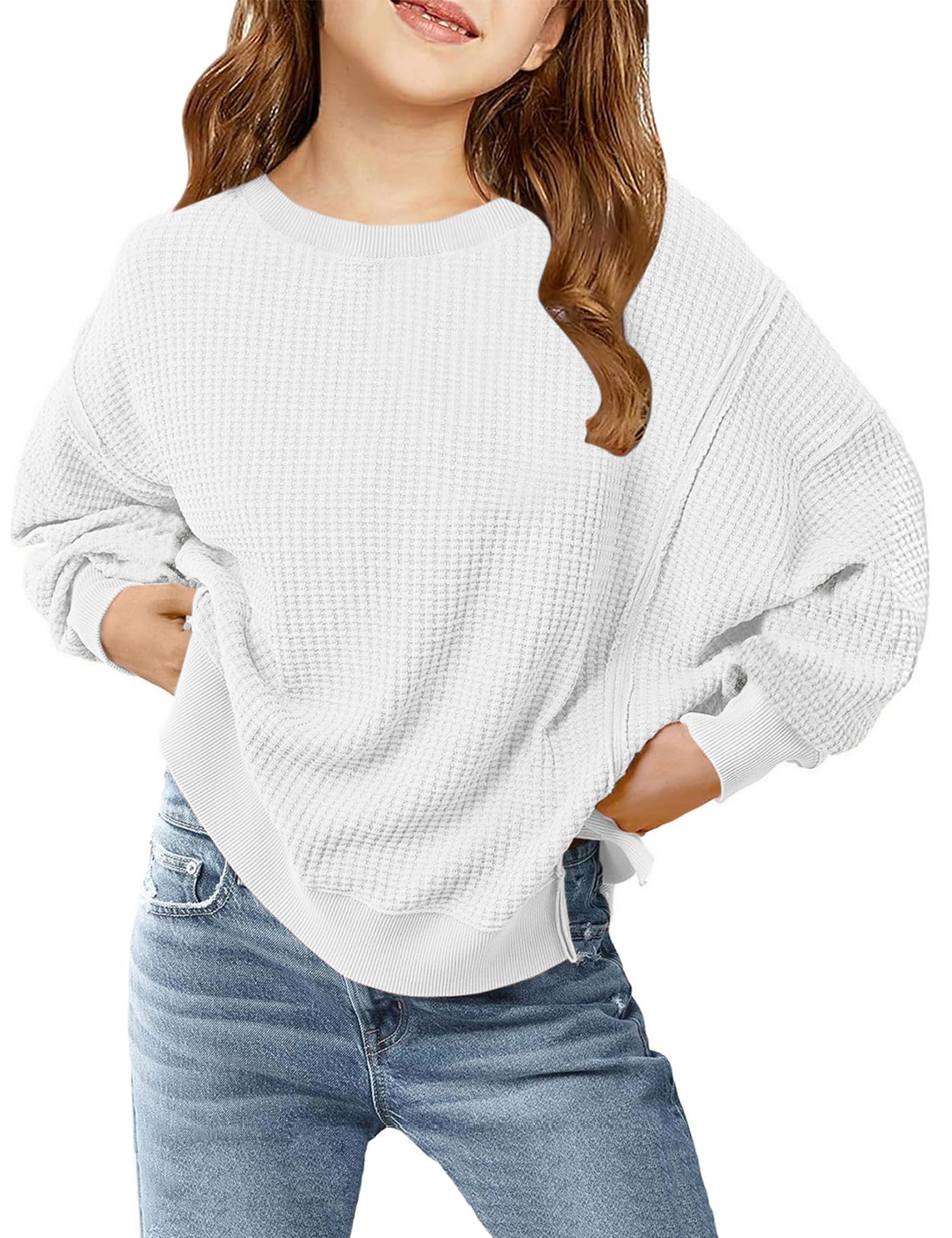 Girls Everyday Comfort: Casual Crewneck Waffle Knit Long Sleeve Pullover Top