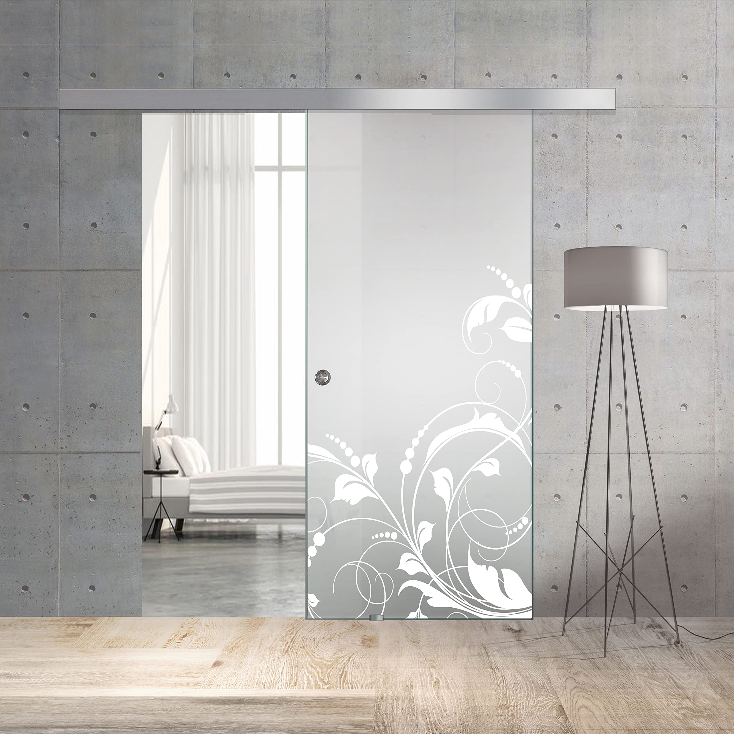 BOSS Porta Scorrevole in vetro modello LA VIE 60x215 cm (60/80/90 cm) 8 mm, vetro Satinato, Nano rivestito bianco, kit hardware complete (60x215 cm, DESTRA)