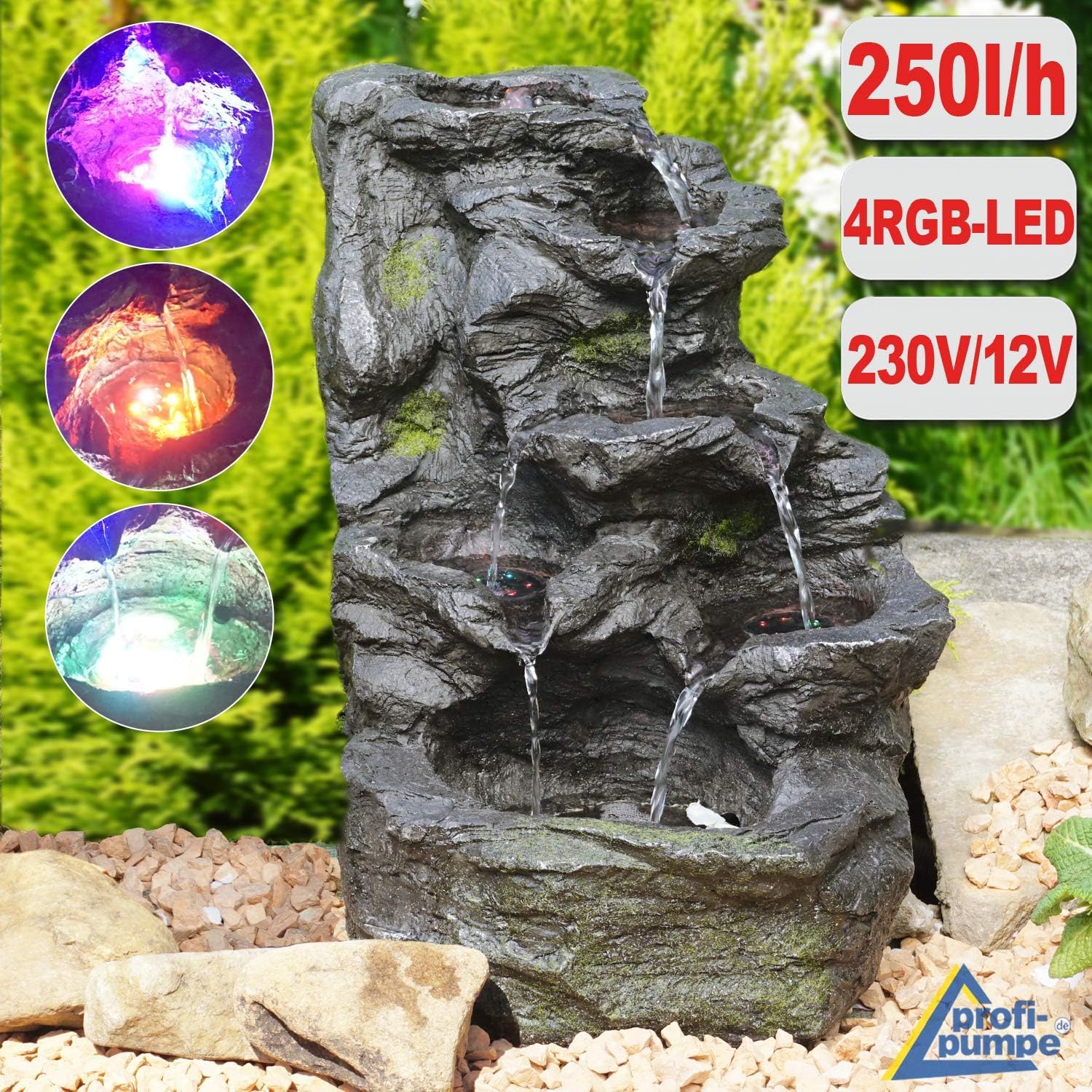Gartenbrunnen Zierbrunnen Fels-Kaskade mit RGB Licht 230V für Garten, Gartenteich, Terrasse, Balkon