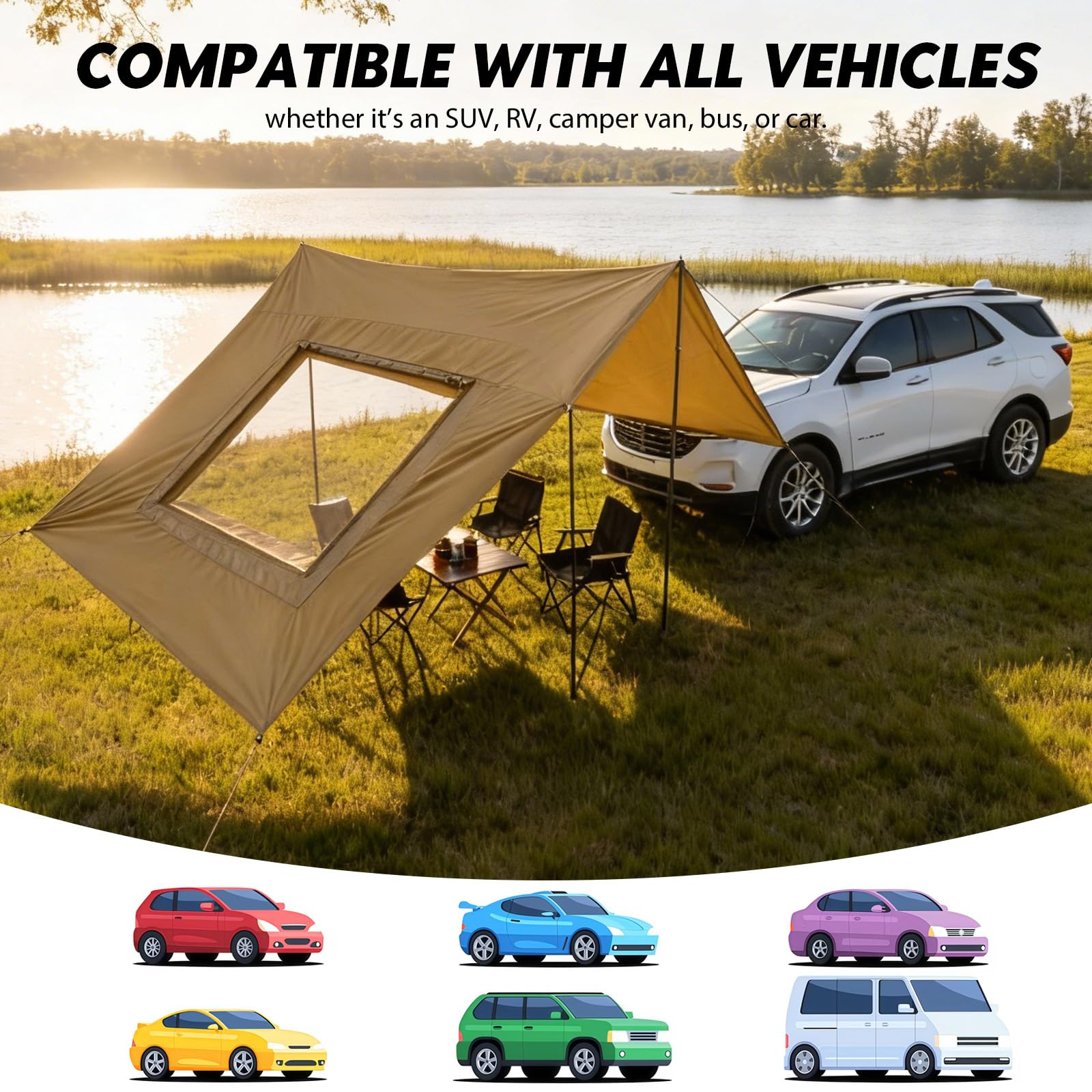 Toldo de 2,8 x 4,8 m para Puerta de Caravana | para autobús, Furgoneta, Caravana, Caravana, Caravana, Caravana, Tienda de campaña Universal, con Ventana de Pantalla