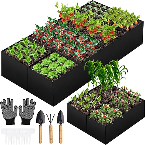 Cama de jardín elevada de tela, bolsas grandes de cultivo de jardín, contenedores rectangulares transpirables con 4 rejillas, herramientas de jardín