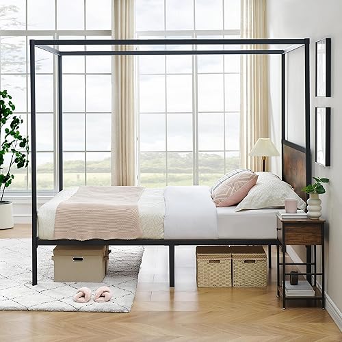 Miniatura 7 de GAOMON Marco de cama con dosel de tamaño matrimonial, plataforma blanca de metal con cuatro pósteres, base de cama con almacenamiento, base de
