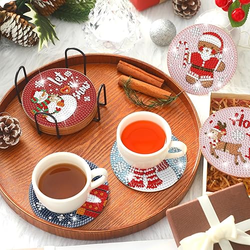 Miniatura 4 de 12 posavasos de arte de diamantes de Navidad, clásicos elementos navideños, posavasos de pintura de diamante con soporte, kit de pintura de