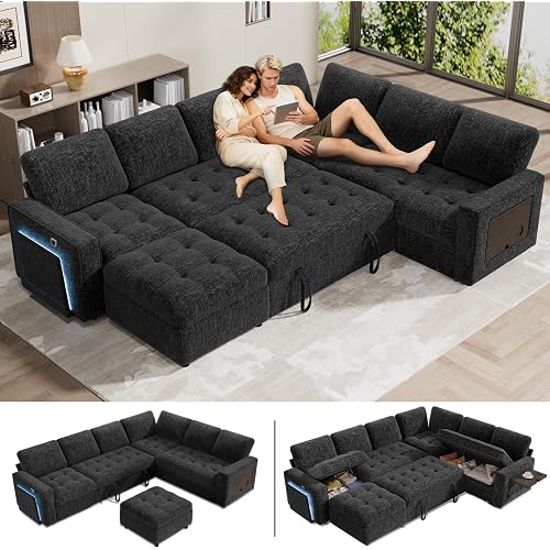 WEUP 7 Seat L Shaped Sectional Sleeper Sofa Bed with Pull Out Bed, Chenille Sectional Sleeper Couch with Ottoman, Adjustable Backrest, USB Ports, LED, Side Table, Tool-Free Assembly, Chenille Black