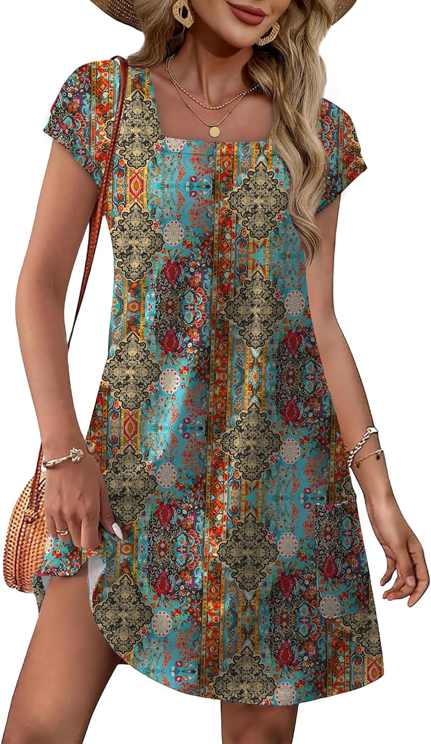 OFEEFAN Summer Dresses for Women 2026 Loose Square Neck Cap Sleeve Casual Beach Vacation Tshirt Dress Sundresses with Pockets - Image 2