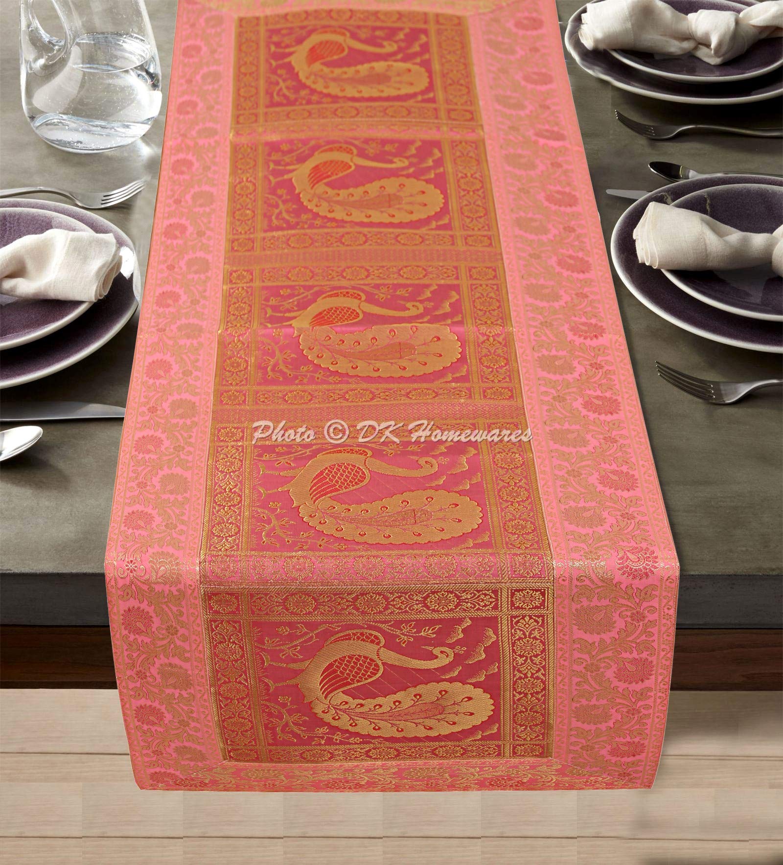 Tovaglia Da Pranzo 60x16 Pollici - Runner Per Tavolo In Broccato Jacquard Con Pavone Floreale, Colore Rosso E Oro, Elegante E Tradizionale - 5