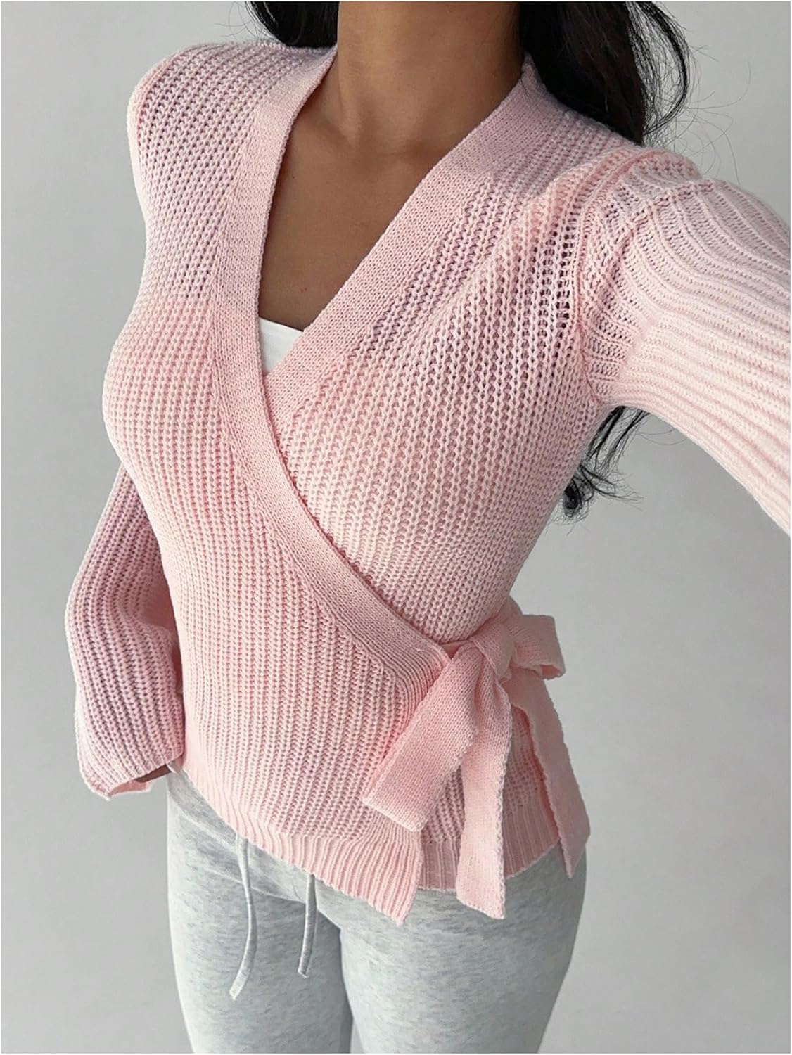 MakeMeChic Women's Wrap V Neck Cardigan Tie Side Long Sleeve Knitted Sweater - Image 2