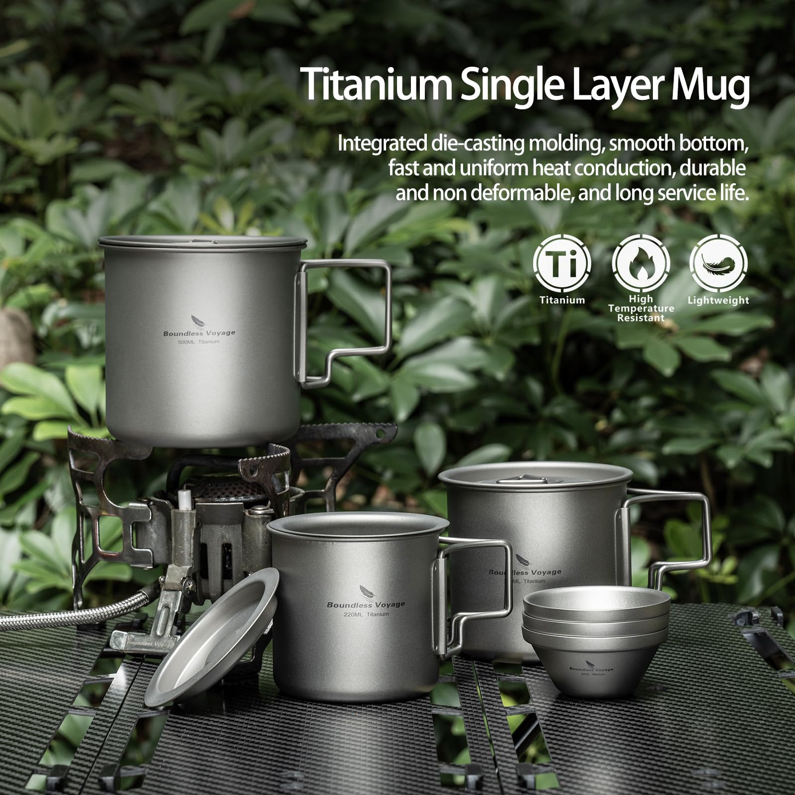 Boundless Voyage Ti3058D-350ml - Tazza da campeggio in titanio a strato singolo, per tè e caffè, ultraleggera, per viaggi all'aperto, 220 ml, 350 ml, 500 ml