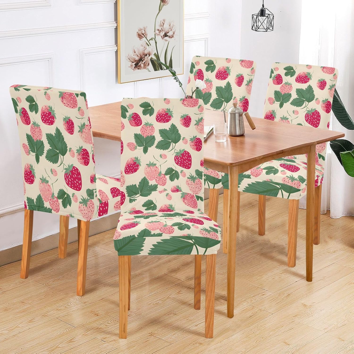 ALAZA Chair Covers for Dining Room, Hand Drawn Strawberry Pattern Stretch Chair Cover Sets Chair Protector Removable Washable for Ktichen Restaurant Hotel