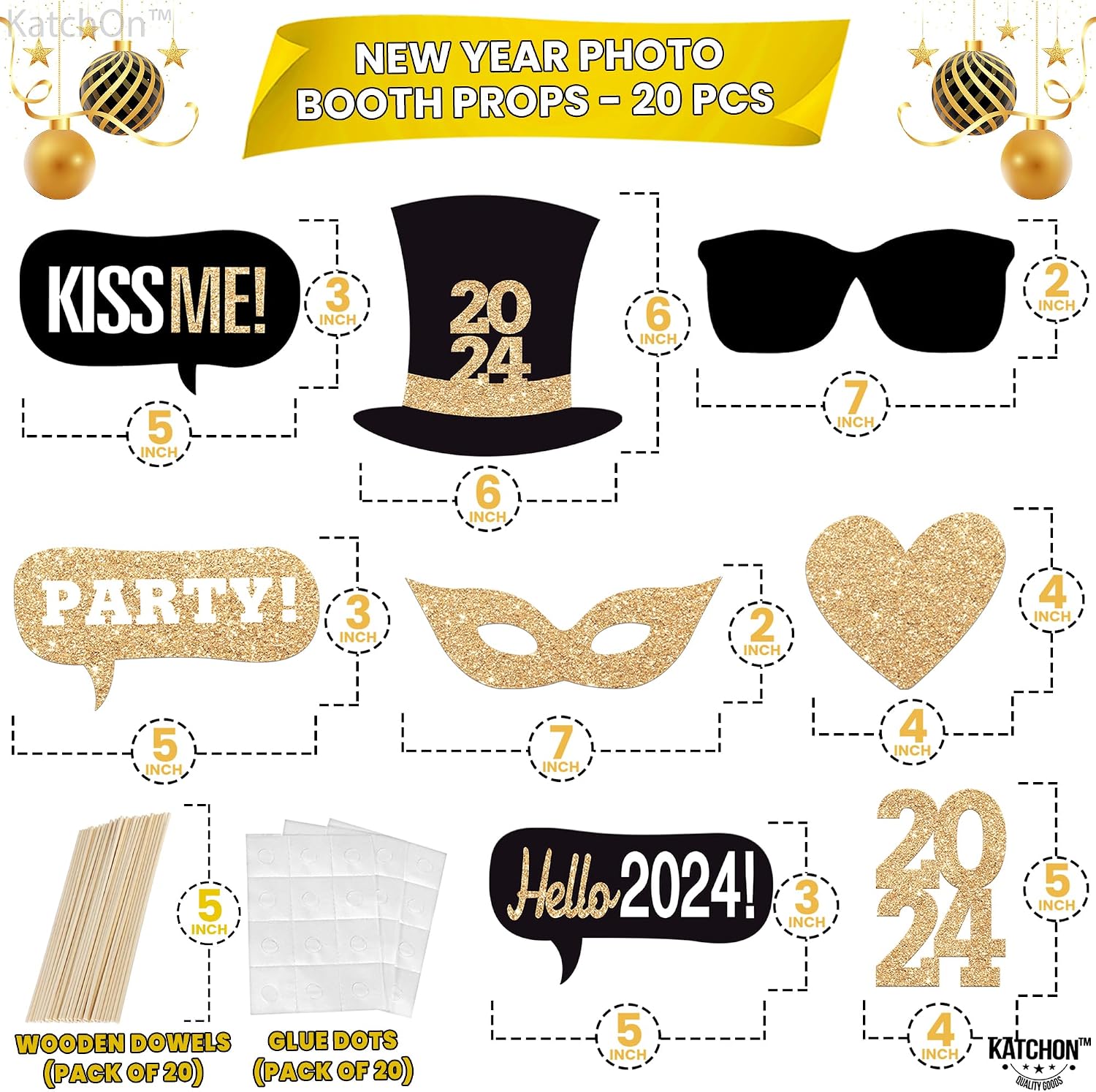KatchOn, Glitter New Years Eve Photo Booth Props 2024 - Big Pack of 20 | New Years Photo Booth Props for Happy New Years Decorations 2024 | New Years Photo Props, New Years Eve Party Supplies 2024