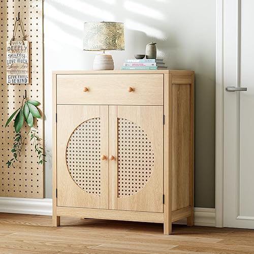 LGHM 26 Inch Narrow Sideboard Cabinet with Rattan Doors and Drawers, Buffet Storage with Adjustable Shelf for Small Space, Boho Farmhouse Style for Dining Room, Kitchen, Entryway, Light Oak