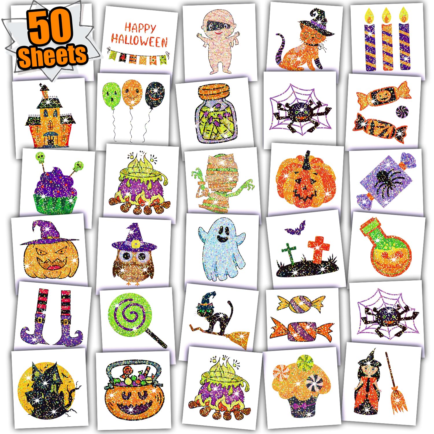 Leesgel Halloween Glitzer Tattoos für Kinder, 50 Stück Leuchtende Temporäre Kindertattoos für Halloween Deko Kinder, Accessoires für Geburtstag Deko, Party Mitgebsel, Zubehör und Kleine Geschenk