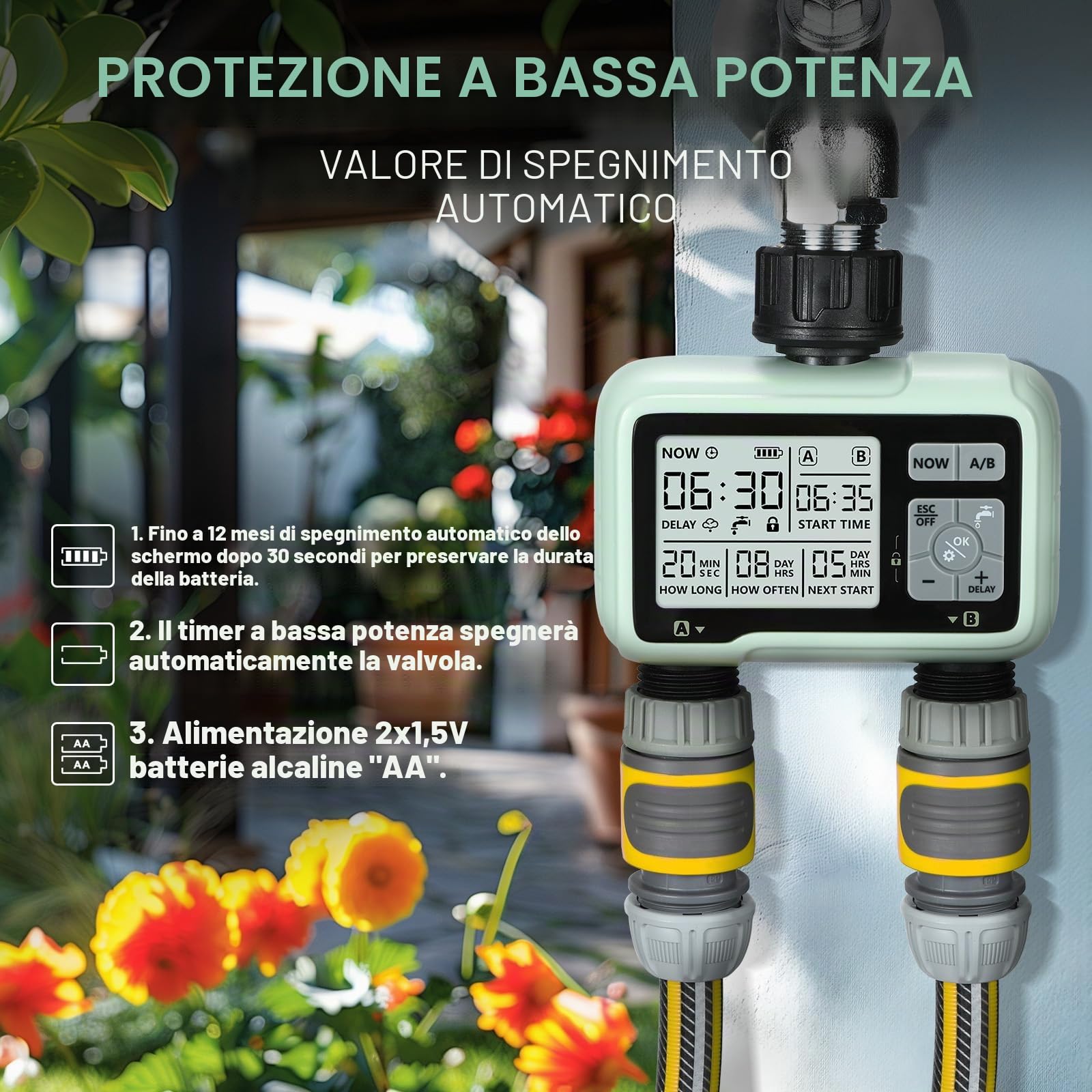 SOGUYI Timer Irrigazione,Computer Irrigazione con Ritardo Pioggia, Programmatore Irrigazione a Batteria,Modalità di Irrigazione Automatica e Manuale, 2 Uscite Centralina Irrigazione