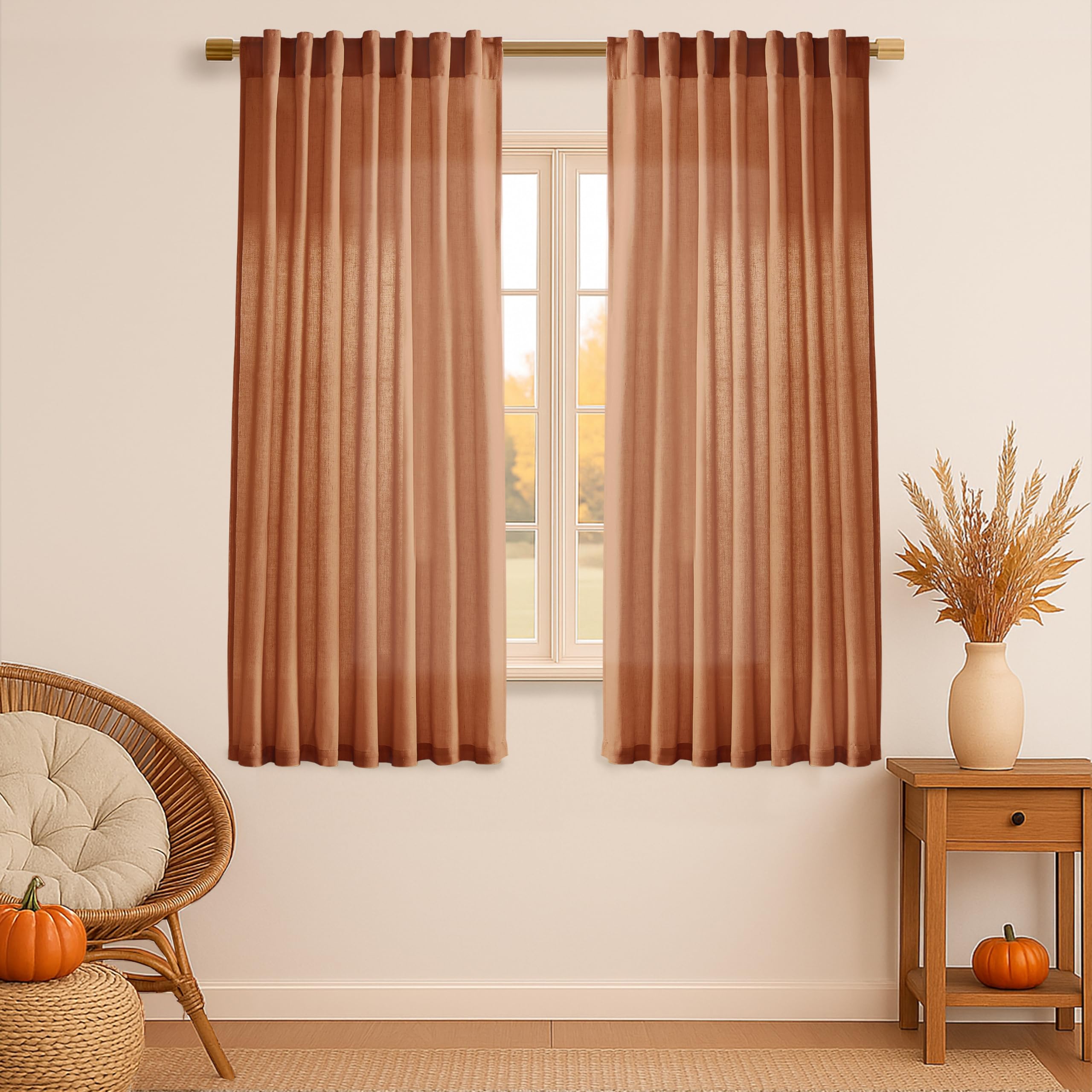 XTMYI Burnt Orange Curtans 63 Inch Length for Bedroom,Sheer Linen Light Filtering Fall Autumn Farmhouse Drapes for Living Room Decor