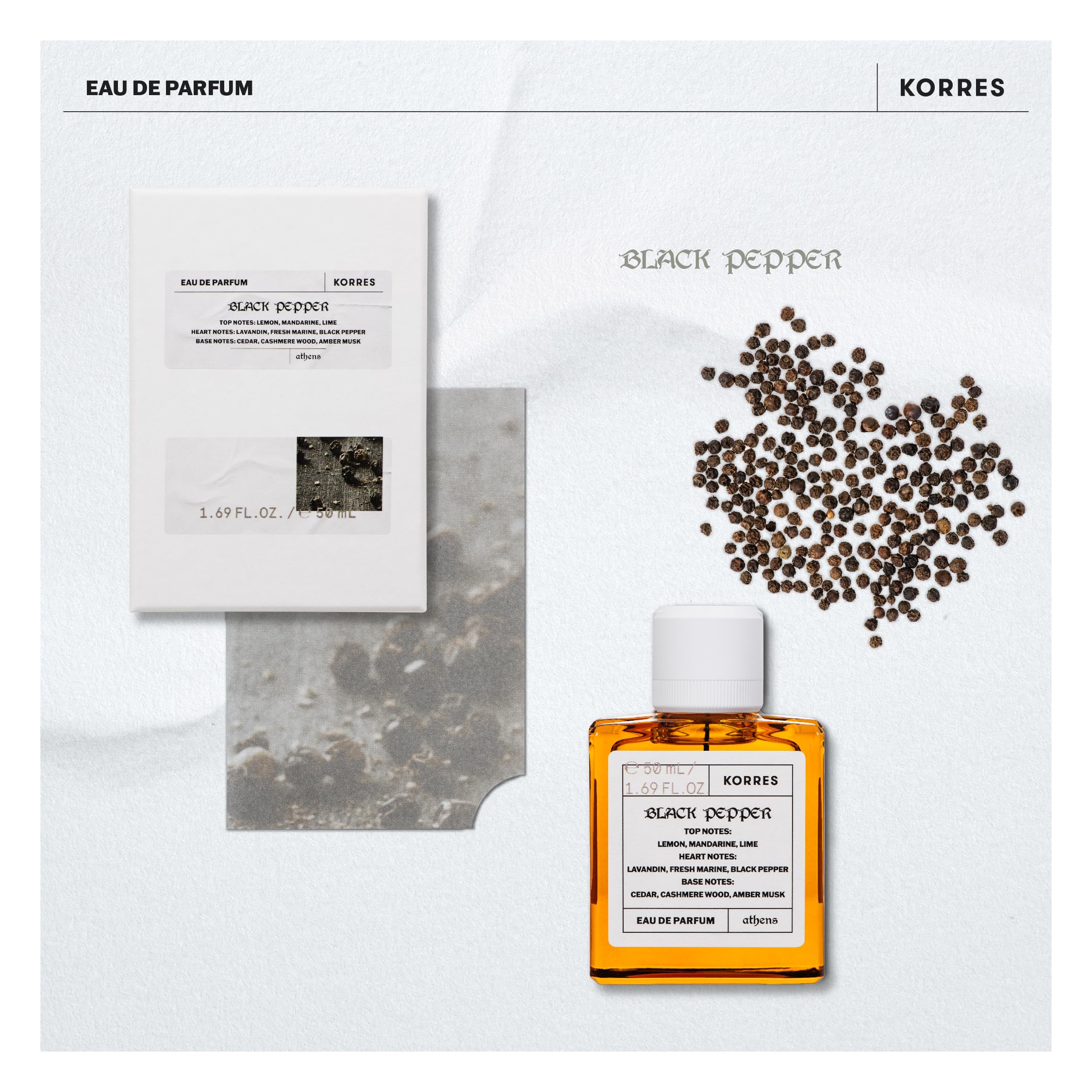 KORRES Black Pepper Eau de Parfum für Ihn, würzig, frischer Herrenduft mit Zitrus- und Pfeffernoten, vegan, 50 ml