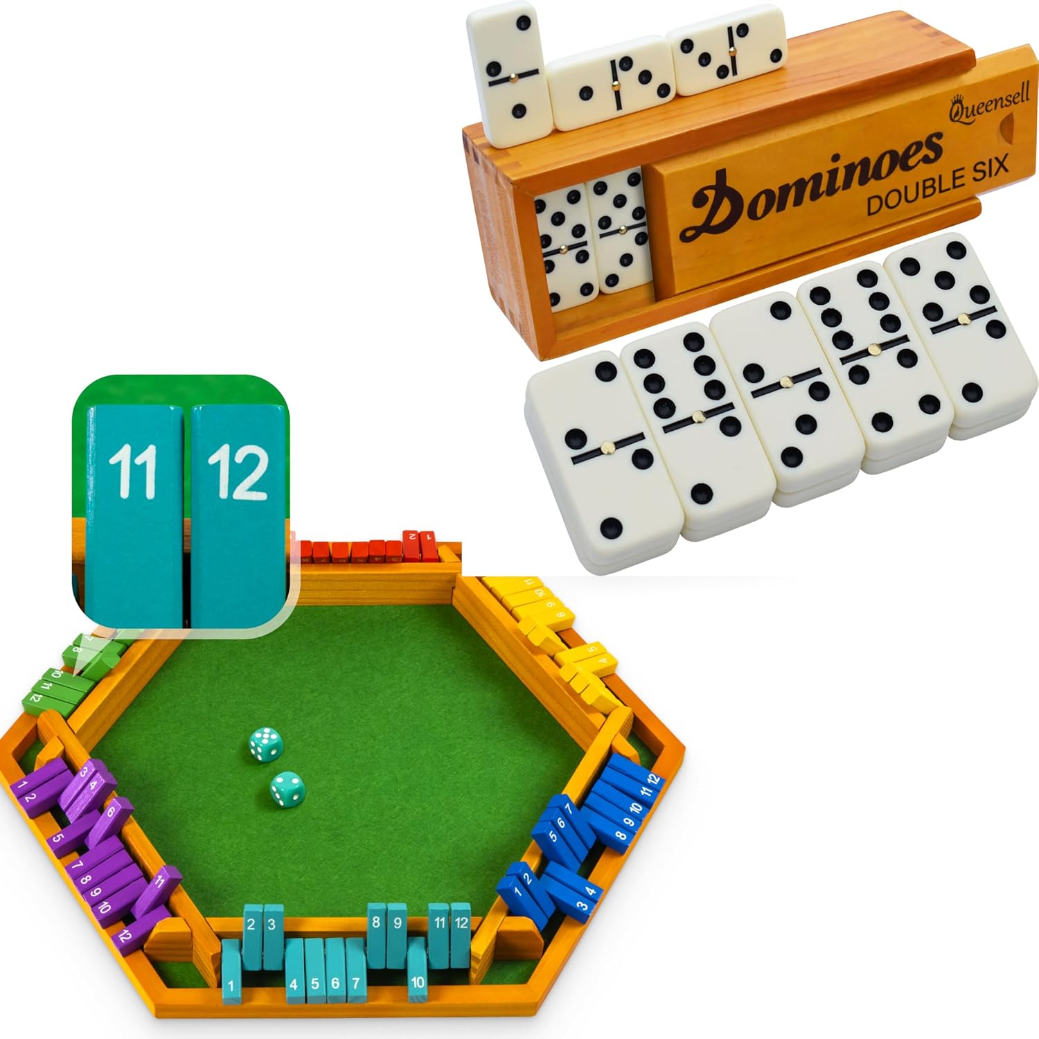 Queensell Double 9 Color Dots + Shut the Box Colorful 6 Players 12 Numbers
