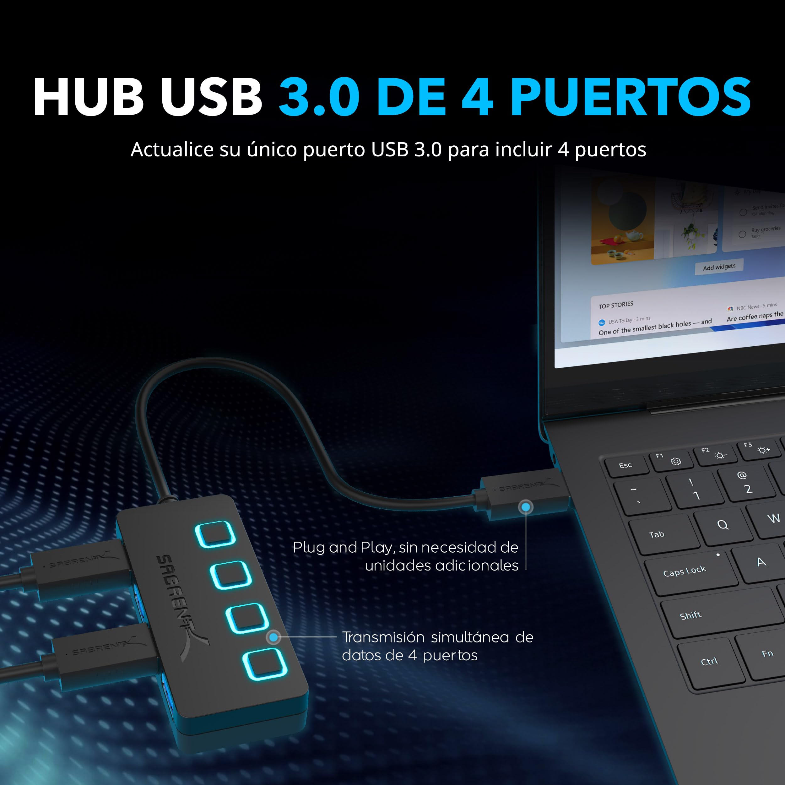 SABRENT Hub de 4 Puertos con interruptores de alimentación Individuales y Leds | USB 3.0 | Incluye Adaptador de Corriente de 5V/2.5A | para PS5, Xbox, PC, Ordenador portátil, Gaming [HB-UMP3]