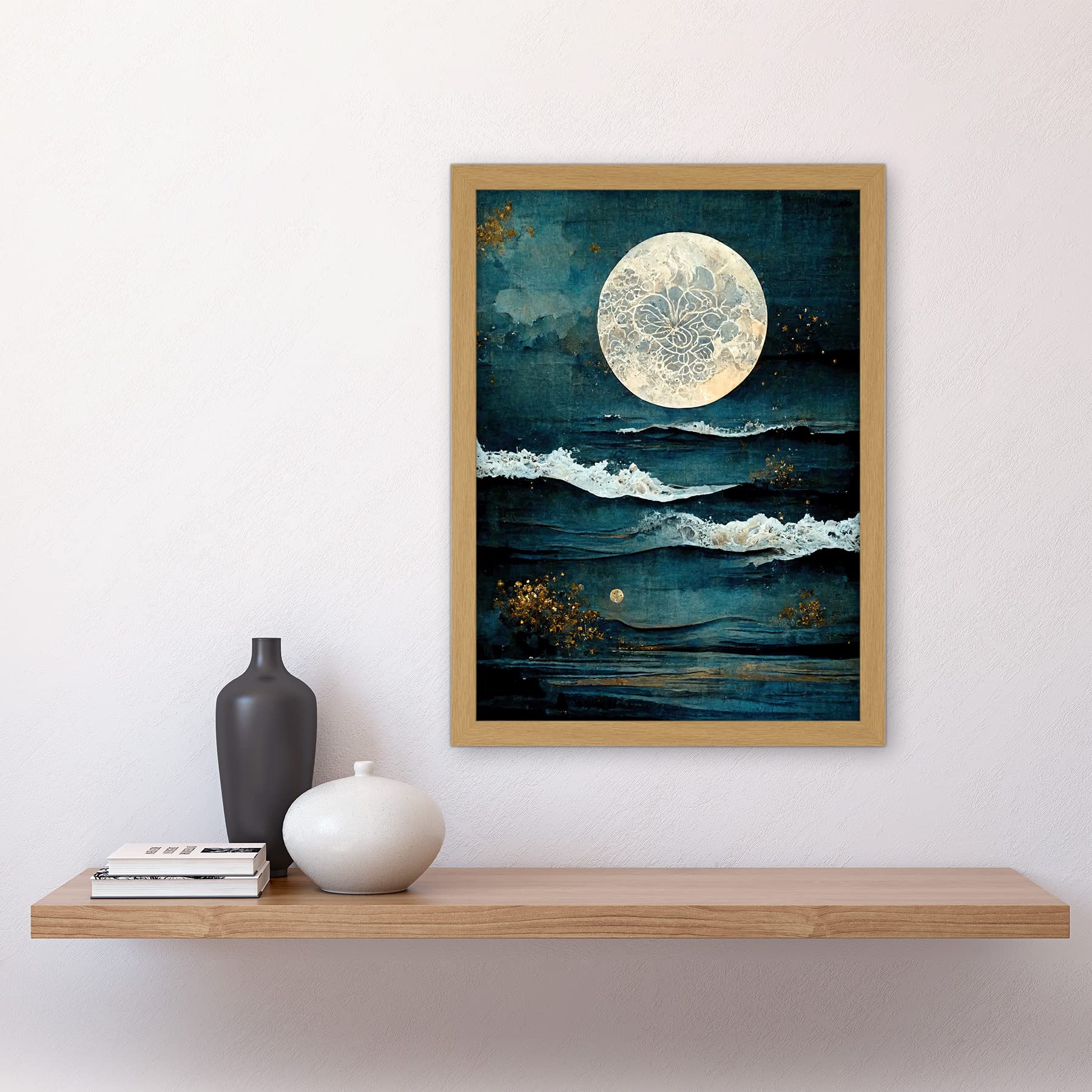 Artery8 Large Full Moon Seascape Golden Algae Wave Foam Artwork Framed A3 Wall Art Print, Framed Light Oak A3, 45.5L x 33W cm - Image 2