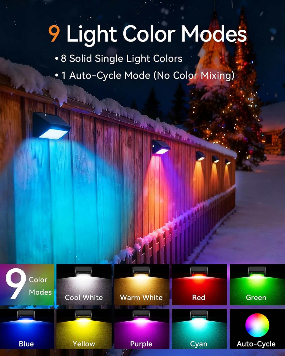 Solar Fence Lights Outdoor, 12 Pack Ultra-Bright 100 Lumens Fence Lights Solar Powered, IP65 Waterproof, 9 Color Modes, 12+ Hours Lighting Decor for Backyard/Patio/Deck/Wall/Pool - Image 5