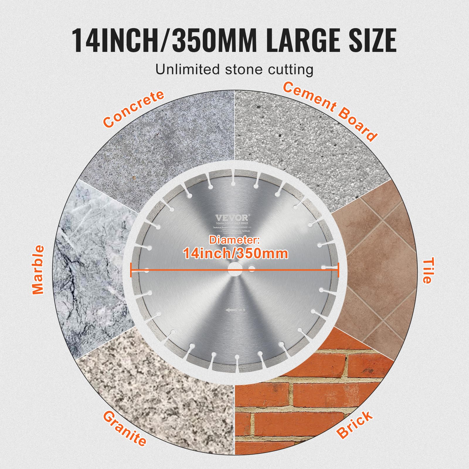 VEVOR Disque à Tronçonner Diamanté 350 mm, Disque Diamant Humide ou Sèche, Lame de Scie à Béton avec Dents Plates de 12 mm, Diamètre du Trou Central Universel 25,4 mm, pour Béton, Carrelage, Brique