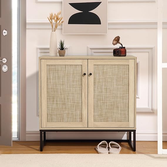 Rattan Sideboard Chest of Drawers with 2 Rattan Doors Kitchen Cabinet Buffet with Adjustable Shelves Wooden Side Cabinet Storage Cabinet for Kitchen Living Room 80 x 38 x 78 cm