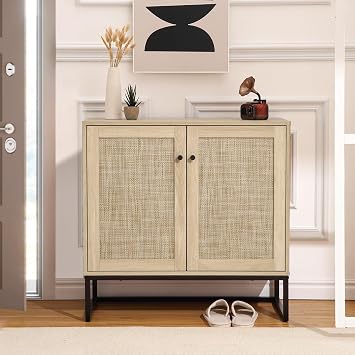 Rattan Sideboard Chest of Drawers with 2 Rattan Doors Kitchen Cabinet Buffet with Adjustable Shelves Wooden Side Cabinet Storage Cabinet for Kitchen Living Room 80 x 38 x 78 cm