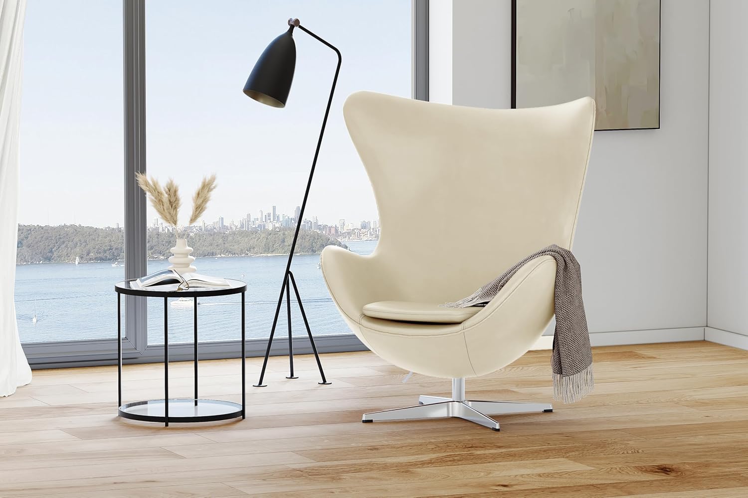 Valencia Finola Swivel Armchair 35.4”, Italian Nappa 11000 Top Grain Leather, 360° Swivel, Mid-Century Modern Accent Chair for Living Room, Cream