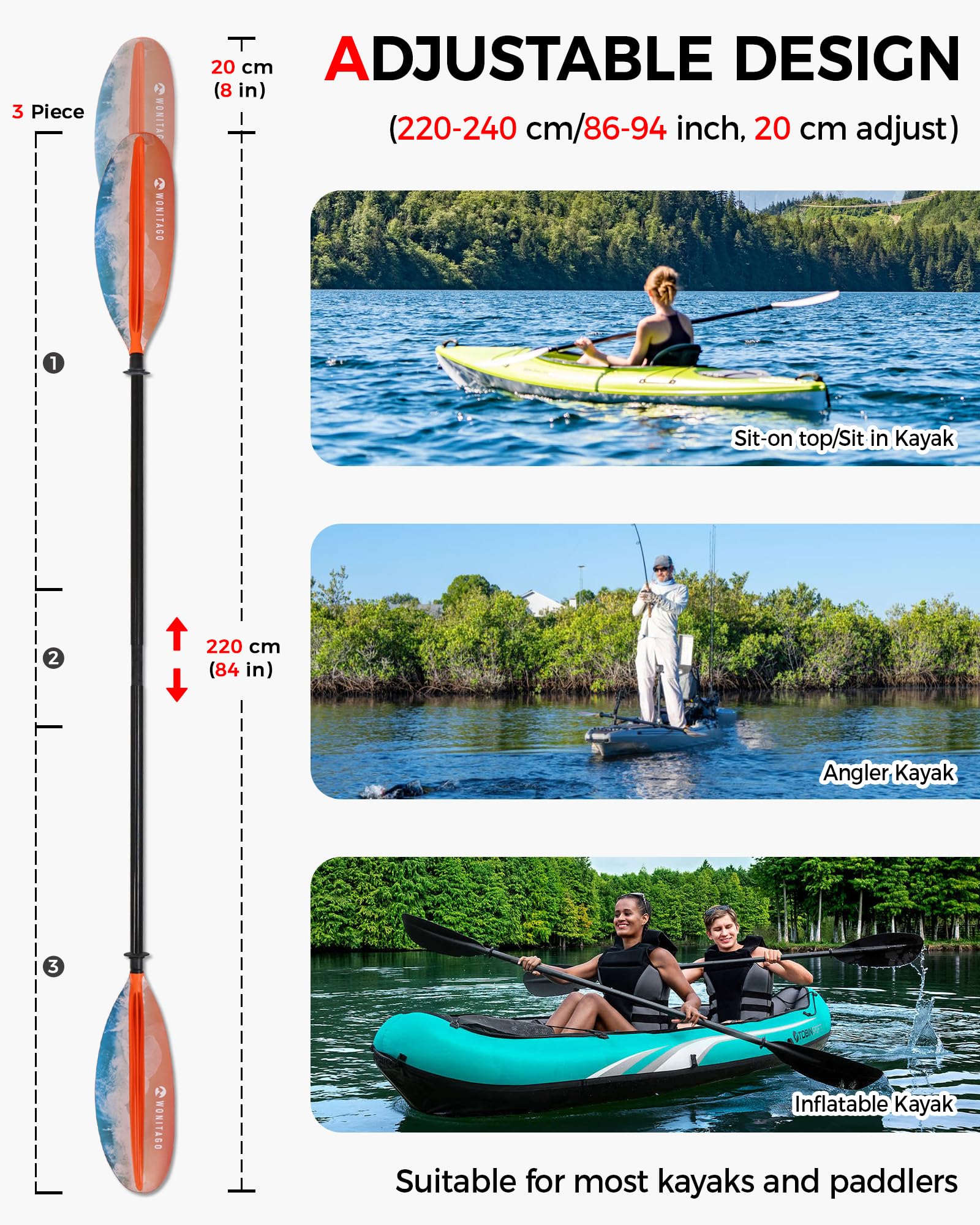 Kayak Paddle with Carbon Fiber Shaft and Plastic Blade, Adjustable 3-Piece Double Paddle Floating Paddle for Kayak, 220-240 cm