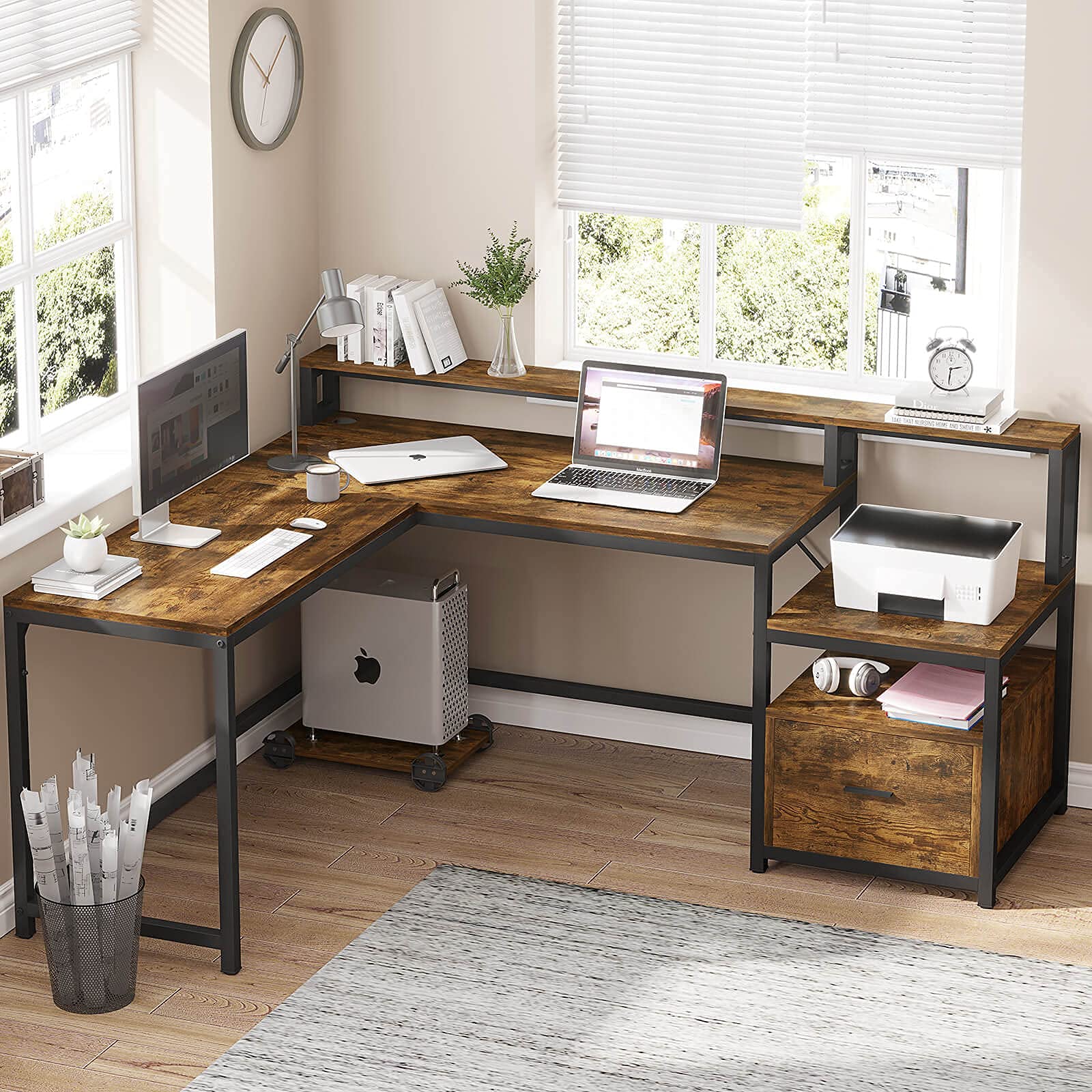 Sedeta L Shape Desk with File Drawer, 66'' Computer Corner Desk with