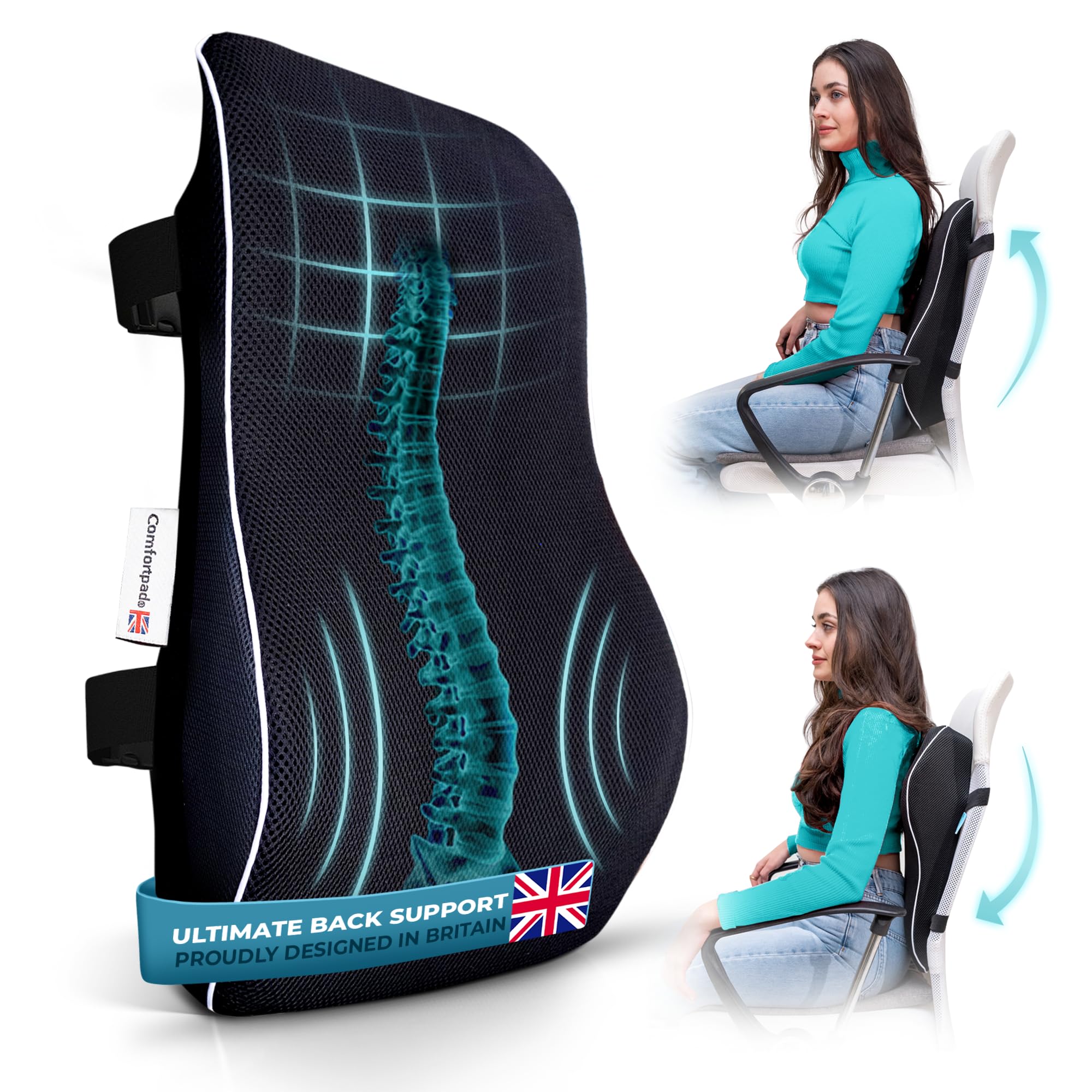 Comfortpad - Cojín de apoyo lumbar | Espuma viscoelástica para aliviar el dolor de espalda | Soporte ergonómico de espalda completa | Para silla de oficina, coche y hogar | Cubierta de malla