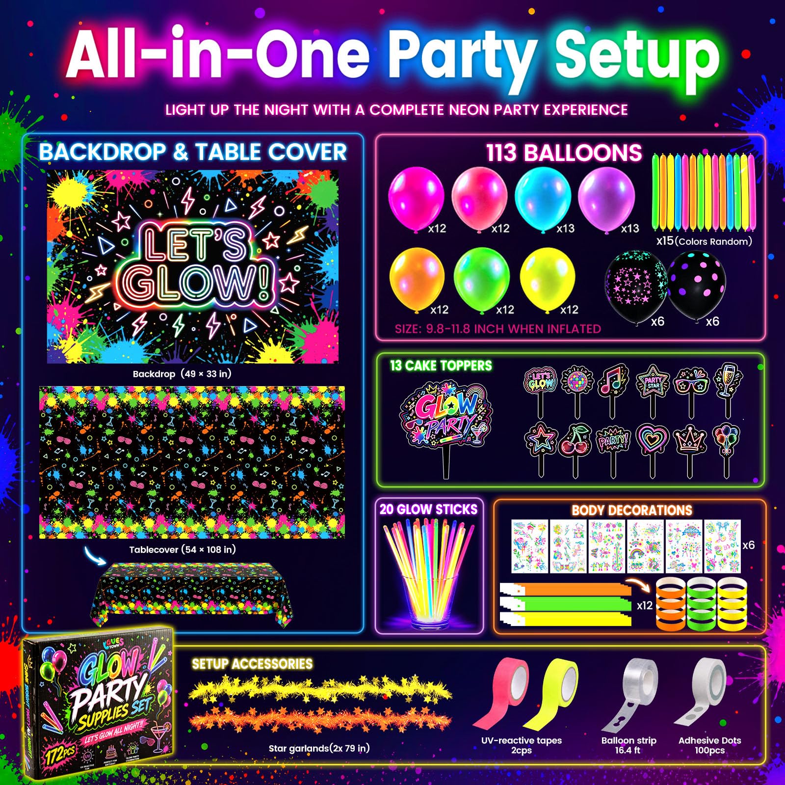 LovesTown 192PCS Neon Glow Party Decorations Kit with 113 Balloons