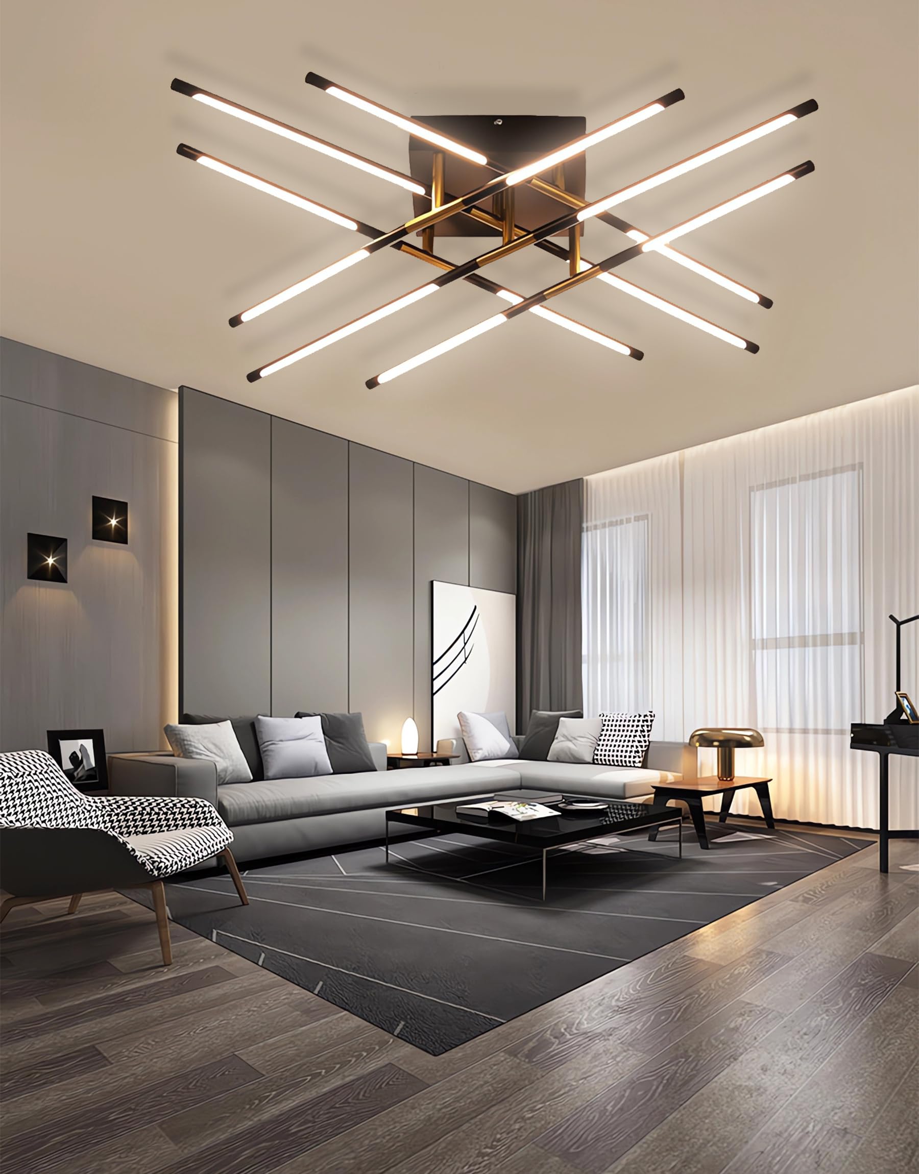 QYSMGS Modern LED Ceiling Light - 12 Flame Black+Gold Ceiling Light with Remote Control Dimmable for Bedroom, Living Room, Kitchen, Dining Room, Restaurant (12 Flame 76W Square)