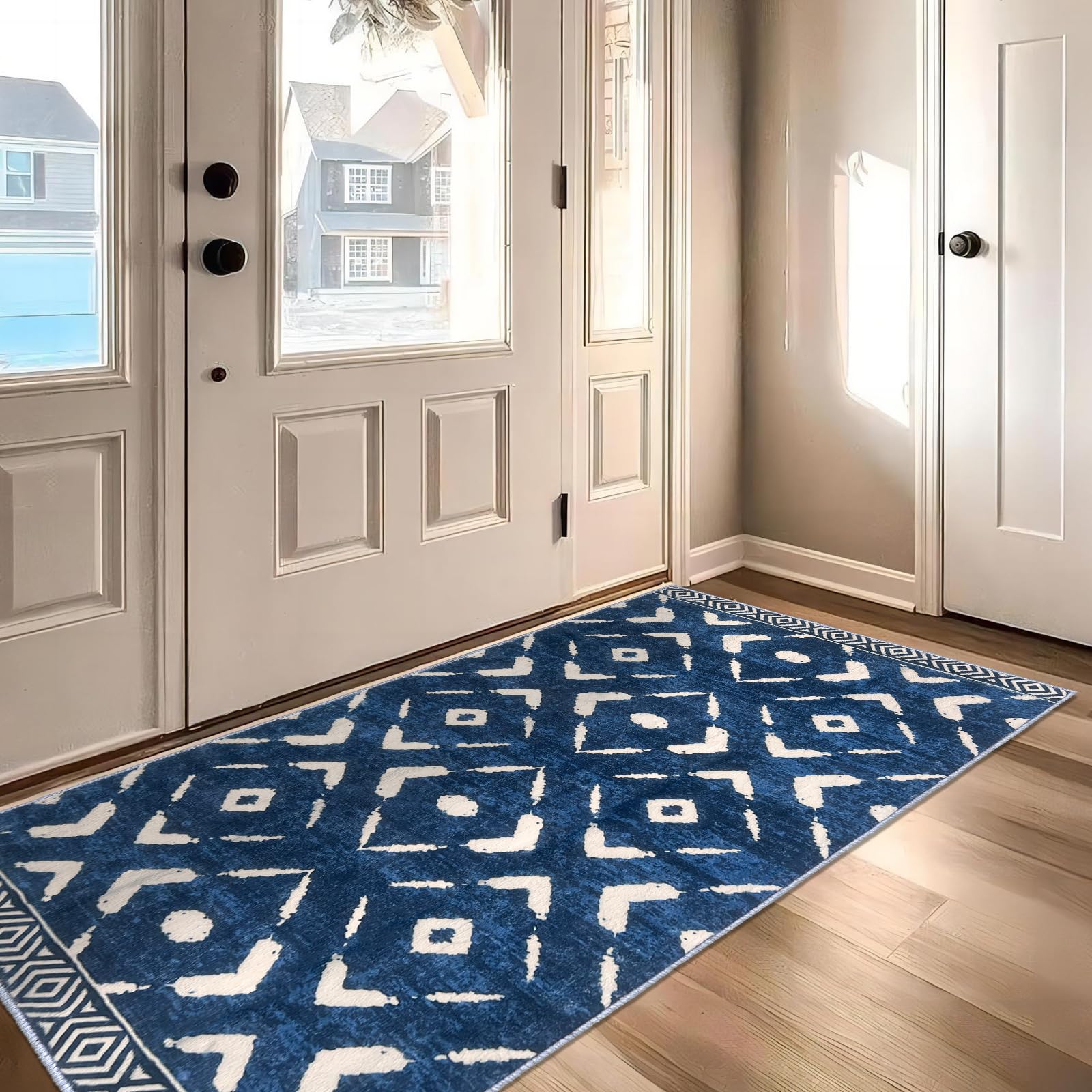 KILOCOCO Area Rug 3'x5' Rug for Living Room Washable Rug Bedroom Rug Non Slip Boho Rug Low-Pile Rug Soft Rug for Kitchen Bathroom Dining Geometric Moroccan Carpet, Blue