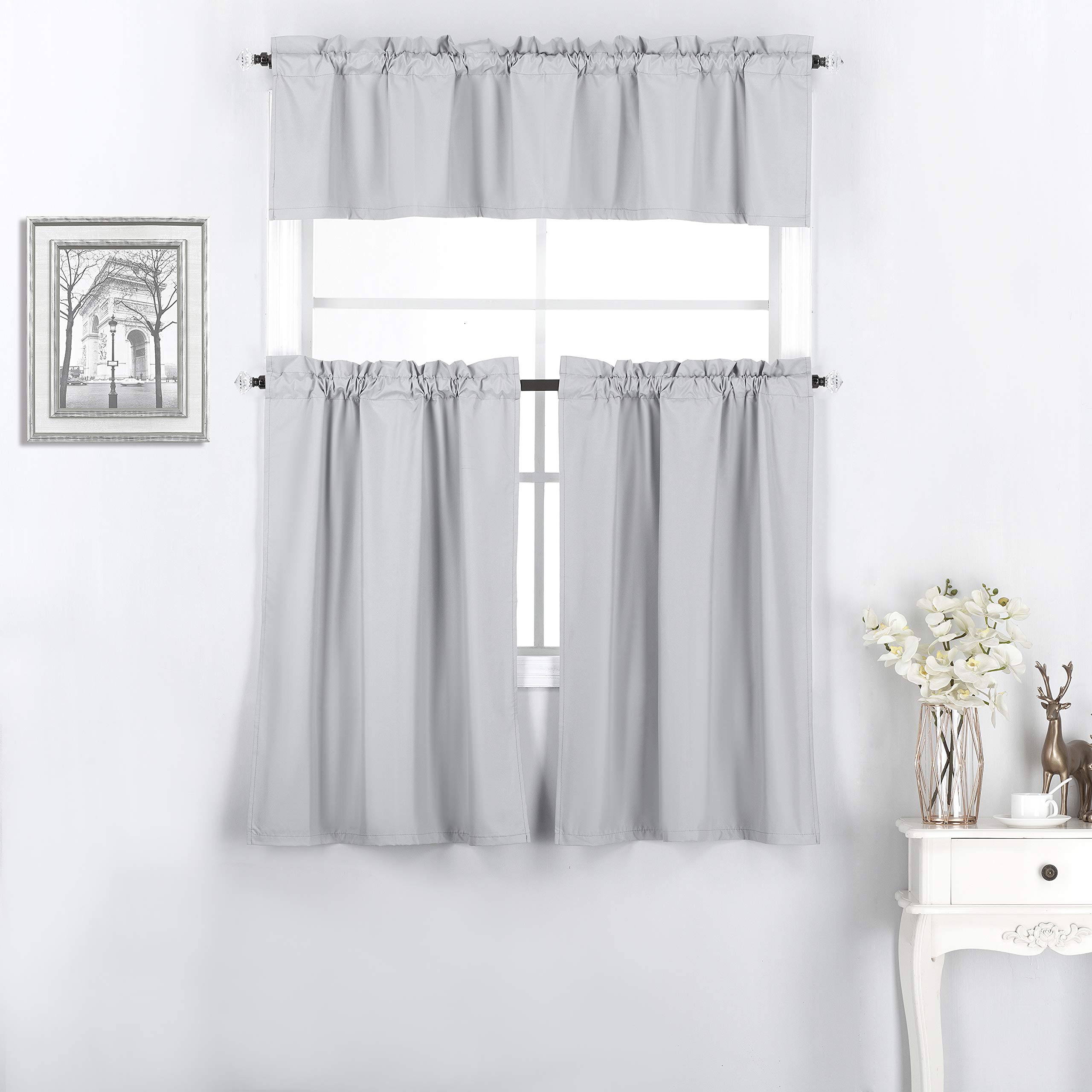 3 Piece 100% Blackout Kitchen Tier Curtains and Valance Set - Lined Thermal Window Treatment Blackout Drapes for Kitchen Décor - 36 Blackout Curtains and 14 inches Long Valance, Light Grey
