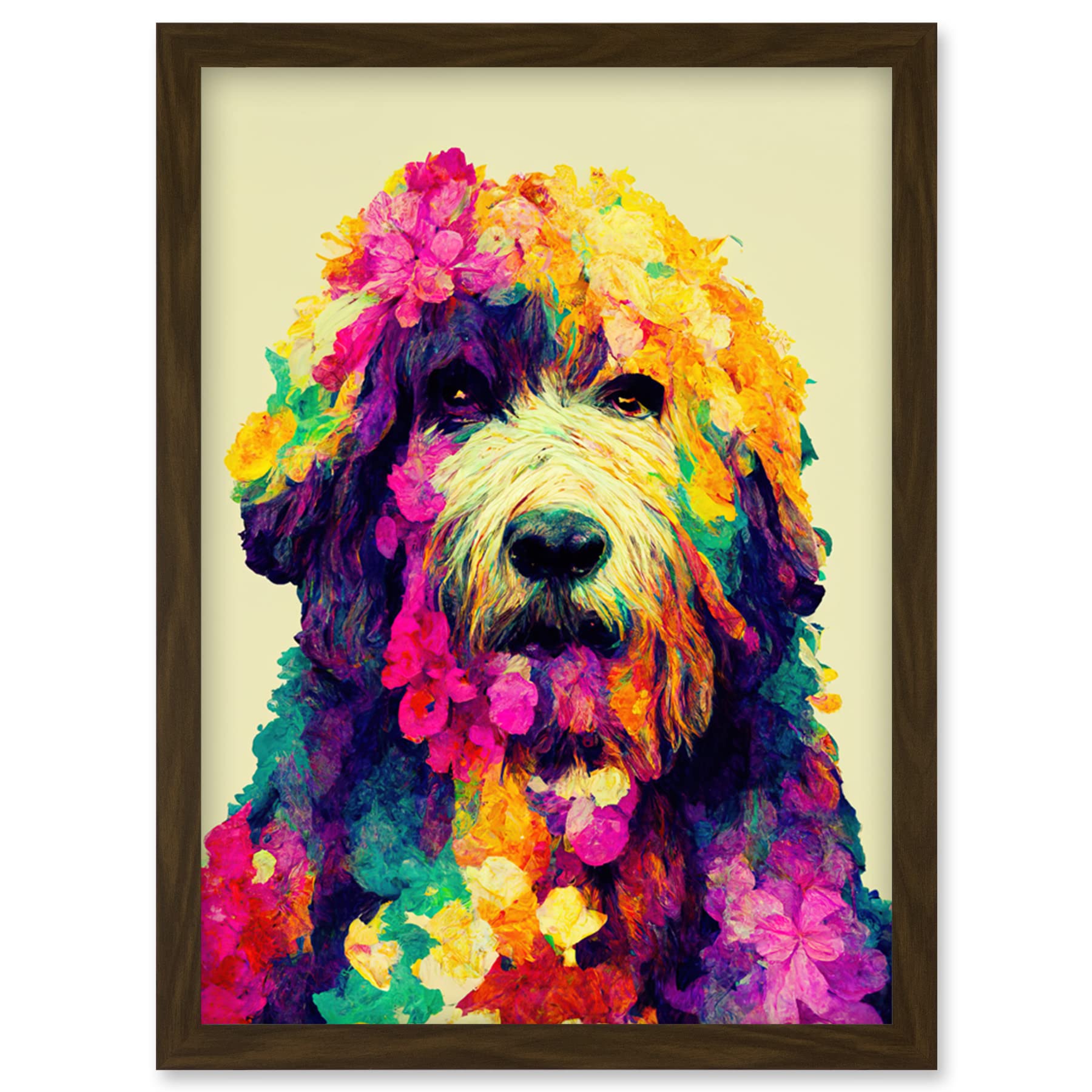 Wee Blue Coo Colourful Vibrant Floral Labradoodle Dog Abstract Portrait Artwork Framed Wall Art Print A4