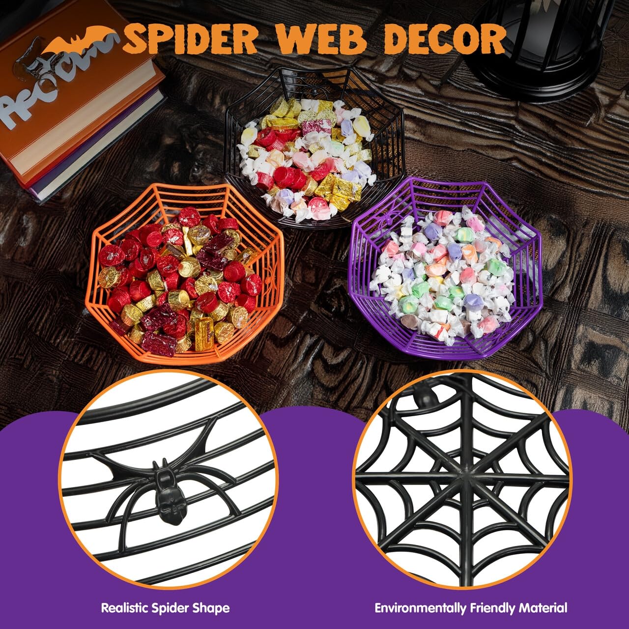 Set 6 Ciotole Per Caramelle Halloween Ragnatela – 3 Con Gambe A Ragno E 3 Senza – Nero/arancione/viola