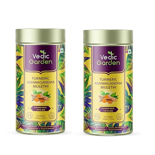 Vedic Garden Turmeric Ashwagandha & Mulethi Golden Milk Latte 100 GM | Haldi Ka Doodh | Immunity Booster | Powerful Antioxidants | Drink for Kids & Adults | Instant Powder Milk Premix (Pack of 2)