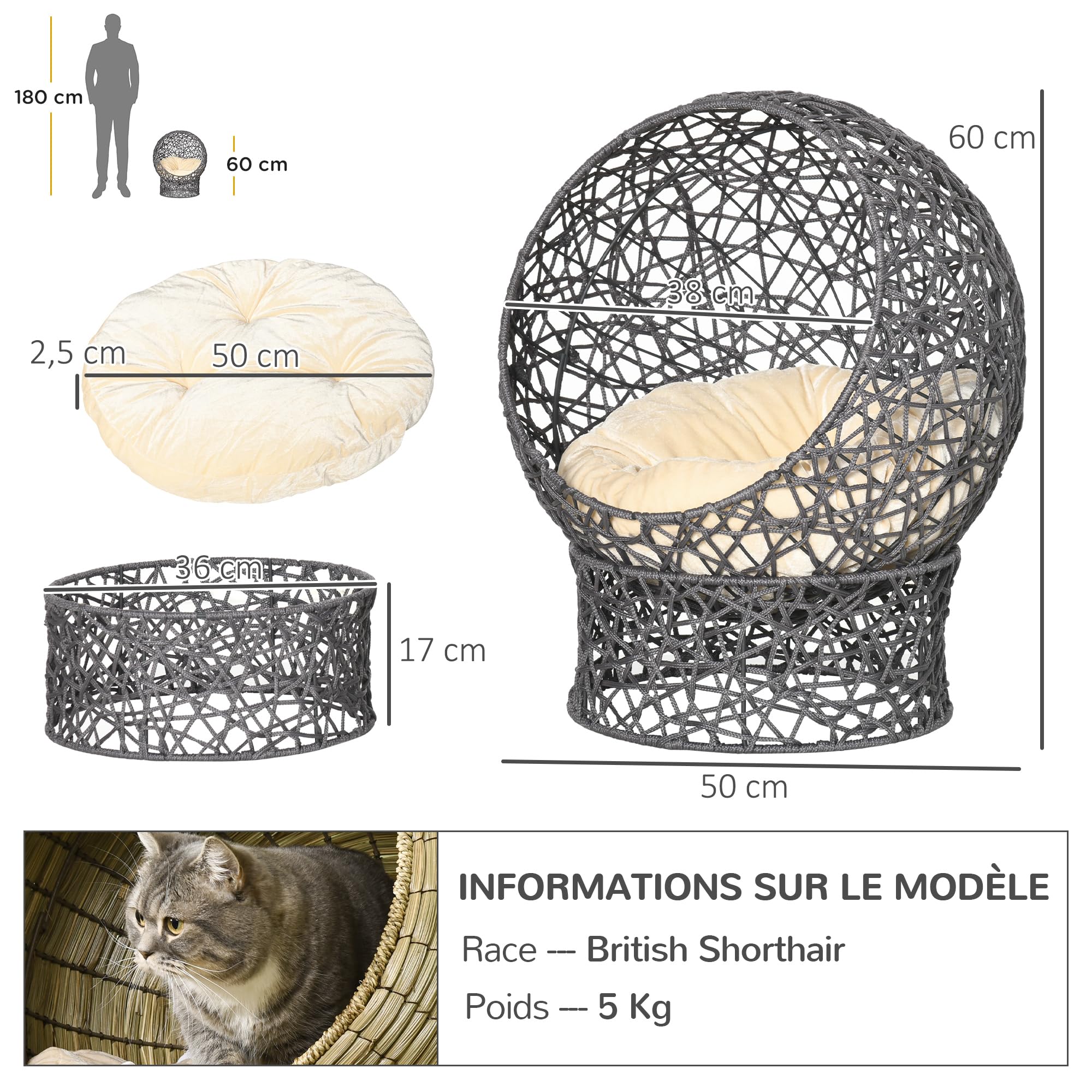PawHut Panier Chat Lit Surélevé Support Détachable 50 x 50 x 60 cm Violet | Chat Cosy, Niche Grotte, Grand Confort, Coussin Moelleux Crème Inclus, en Corde en Polyester