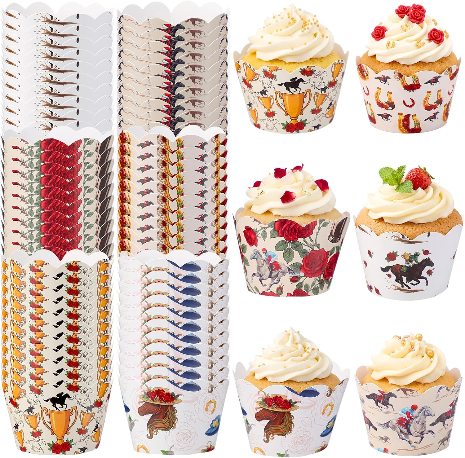 LemonRoad 60 Pcs Horse Derby Cupcake Liners Run for Western Derby Party Decoration Rose Paper Baking Cup Horse Muffin Cupcake Wrapper Storage Container for Horse-Racing Festival Birthday Party Supply