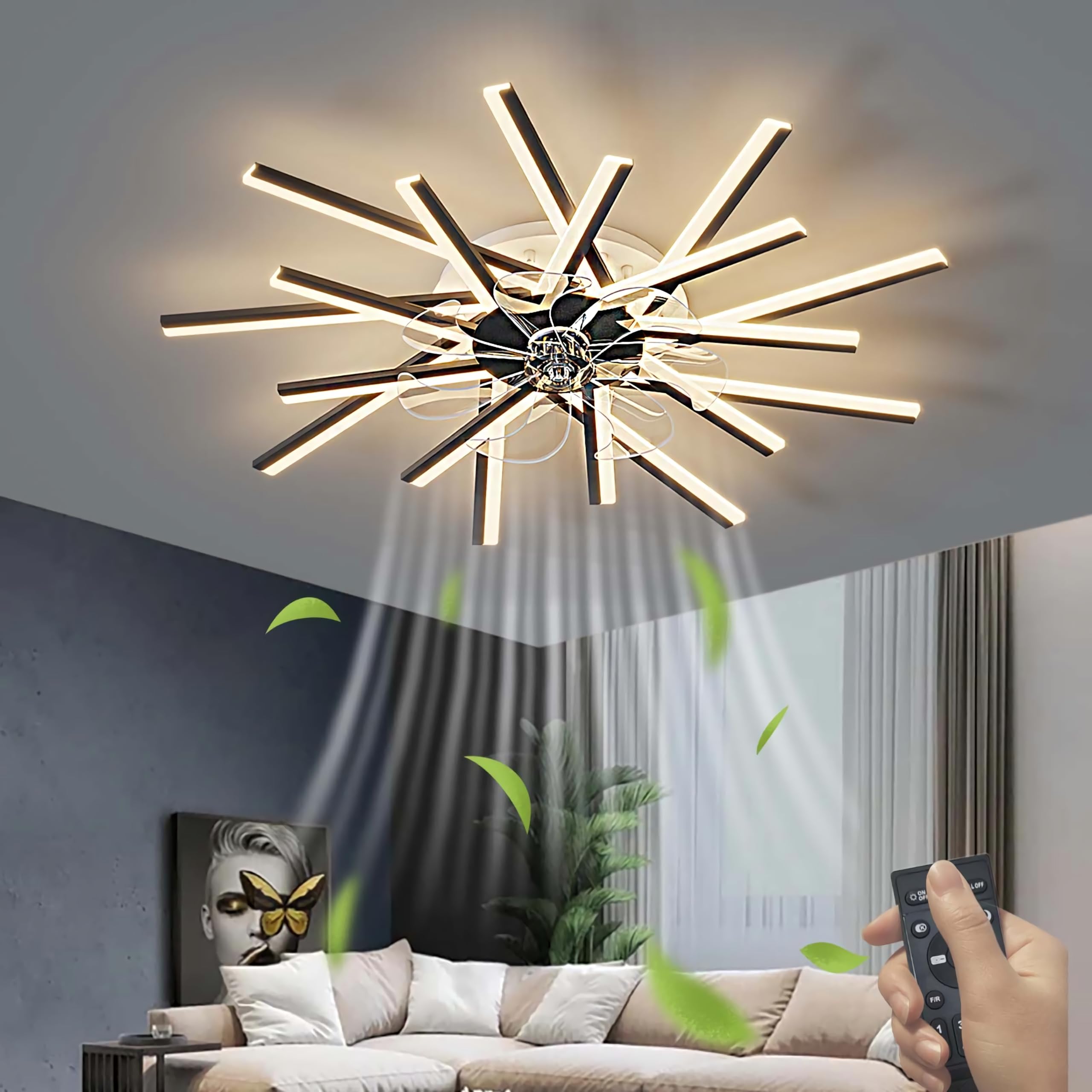 Smart Ceiling Light with Reversible Ceiling Fan Modern Shovel Ceiling Light Dimmable Chandelier Ceiling Fan Living Room Remote Control Silent Timer-Black||92cm