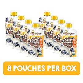 HAPPYTOT Organics Stage 4 Baby Food Pouches, Gluten Free, Super Morning Fruit & Oat Blend, Bananas, Blueberries, Yogurt, Oats & Chia, 4 Oz (Pack of 8)