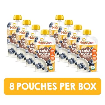 HAPPYTOT Organics Stage 4 Baby Food Pouches, Gluten Free, Super Morning Fruit & Oat Blend, Bananas, Blueberries, Yogurt, Oats & Chia, 4 Oz (Pack of 8)