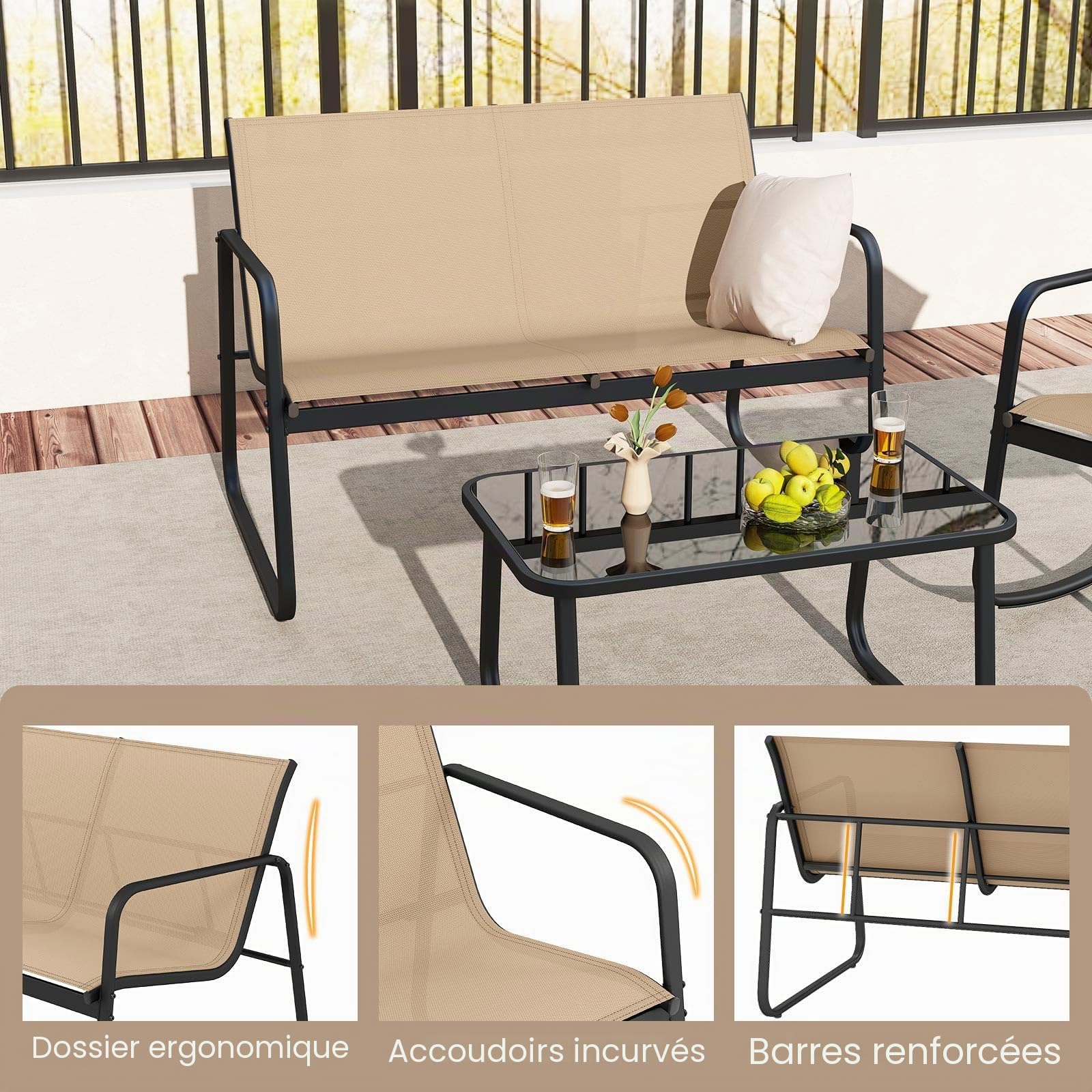 GIANTEX Salon de Jardin 4 Personnes, Table Extérieure avec 2 Chaises à Bascule en Tissu Respirant, 1 Canapé, Table Basse en Verre, Mobilier Jardin pour Balcon, Cour, Piscine (Marron)