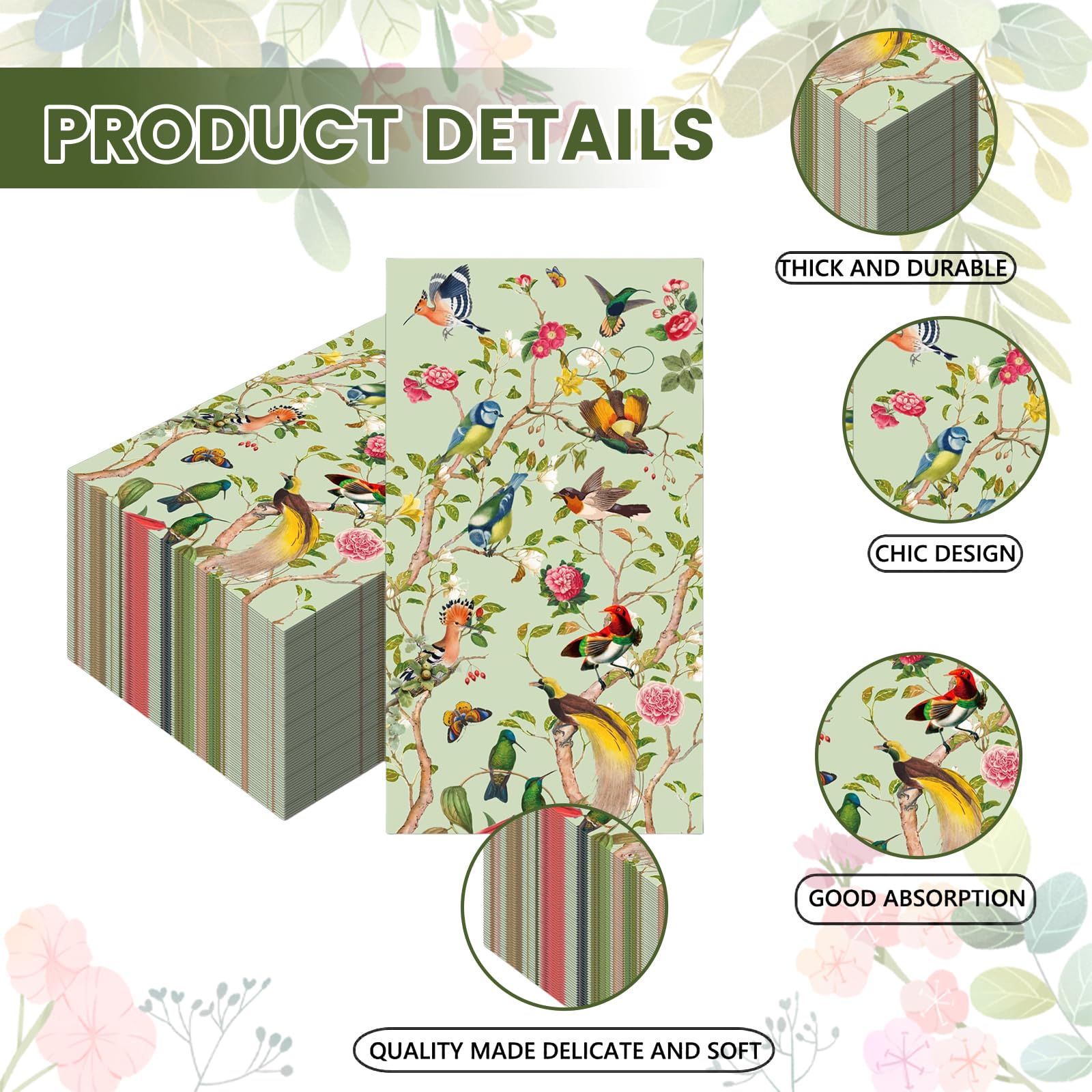 Produktbild von 40 Stück Vintage Papierservietten Mit Blumen & Vögeln - Deko Servietten Für Hochzeit & Geburtstag