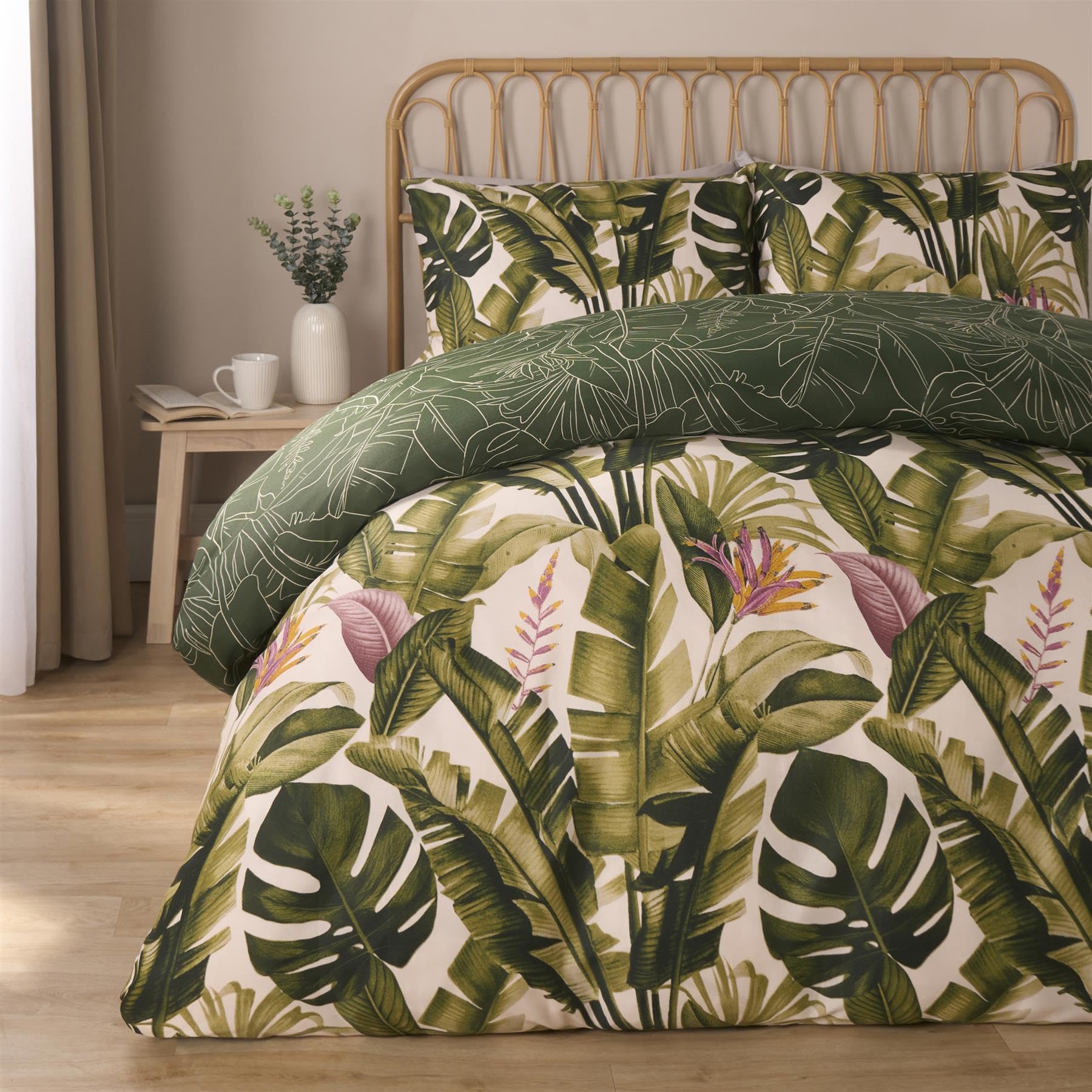 OHS Tropical Duvet Cover Set - Leaves Design - Reversible - Soft Bedding - Green - Super King - Polyester