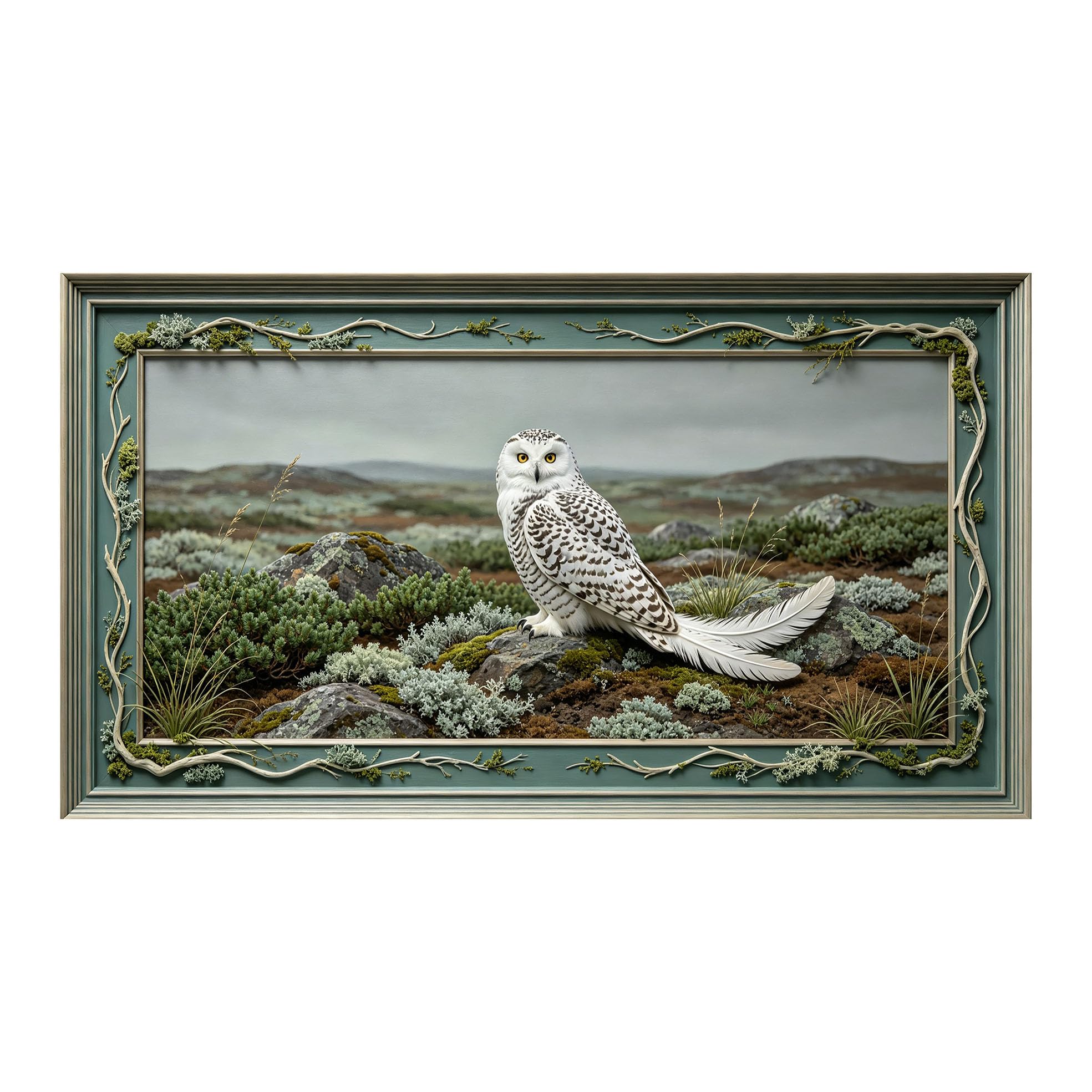 Murasolite 3D 3D Framed Wall Art 50cm×90cm Snowy Owl Mountain Landscape Realistic Oil Painting SelfAdhesive Fabric Mural Wall Decor, Peel and Stick No Damage to Wall for Bedroom Living Room