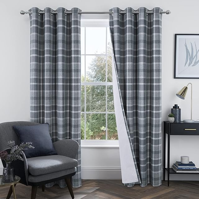 always4u 100% Blackout Curtains Check Eyelet Curtain Bedroom Plaid Woven Brushed Cheque Pair of Highland Woolen Look Window Treatment for Living Room Grey 46*54 Inches