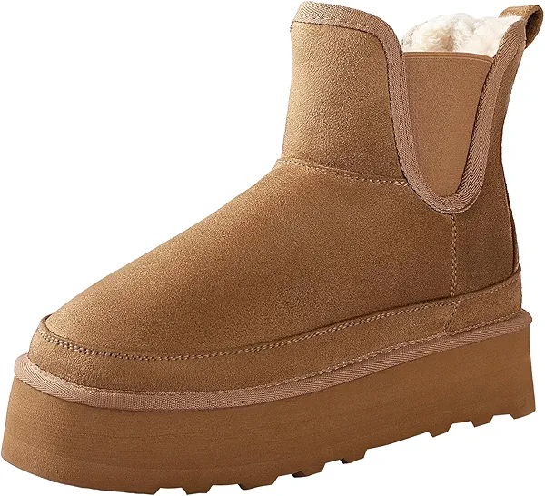 Ankis Platform Mini Boots Women, Classic Ultra Mini Ankle Chelsea Boots for Women Winter Warm Thick Fur Fuzzy Boots Lined Anti-Slip Lined Slip on Snow Boots Black Chestnut